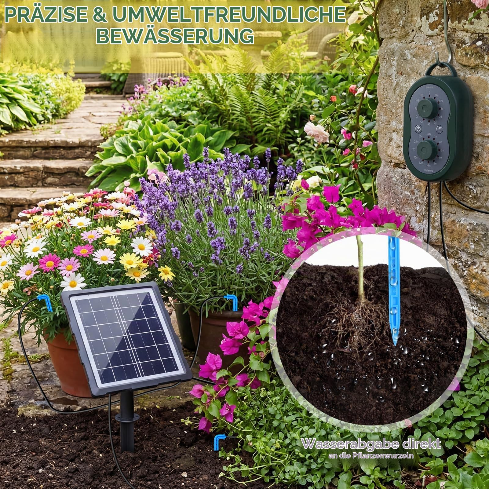 Solar Bewässerungssystem Automatische Set, Solar Automatische Bewässerungssystem Garten mit Timer und 15 Tropfer DIY BewäSserung Modi für Topfpflanzen, Garten, Balkon Pflanzen, Gewächshaus