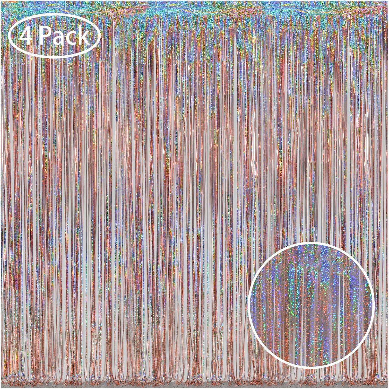 Melsan Rose Gold Foil Fringe Curtains Party Decorations - 3.2 x 8 ft Tinsel Curtain Party Photo Backdrop for Girls Women Birthday Party Decorations - 4 Pack