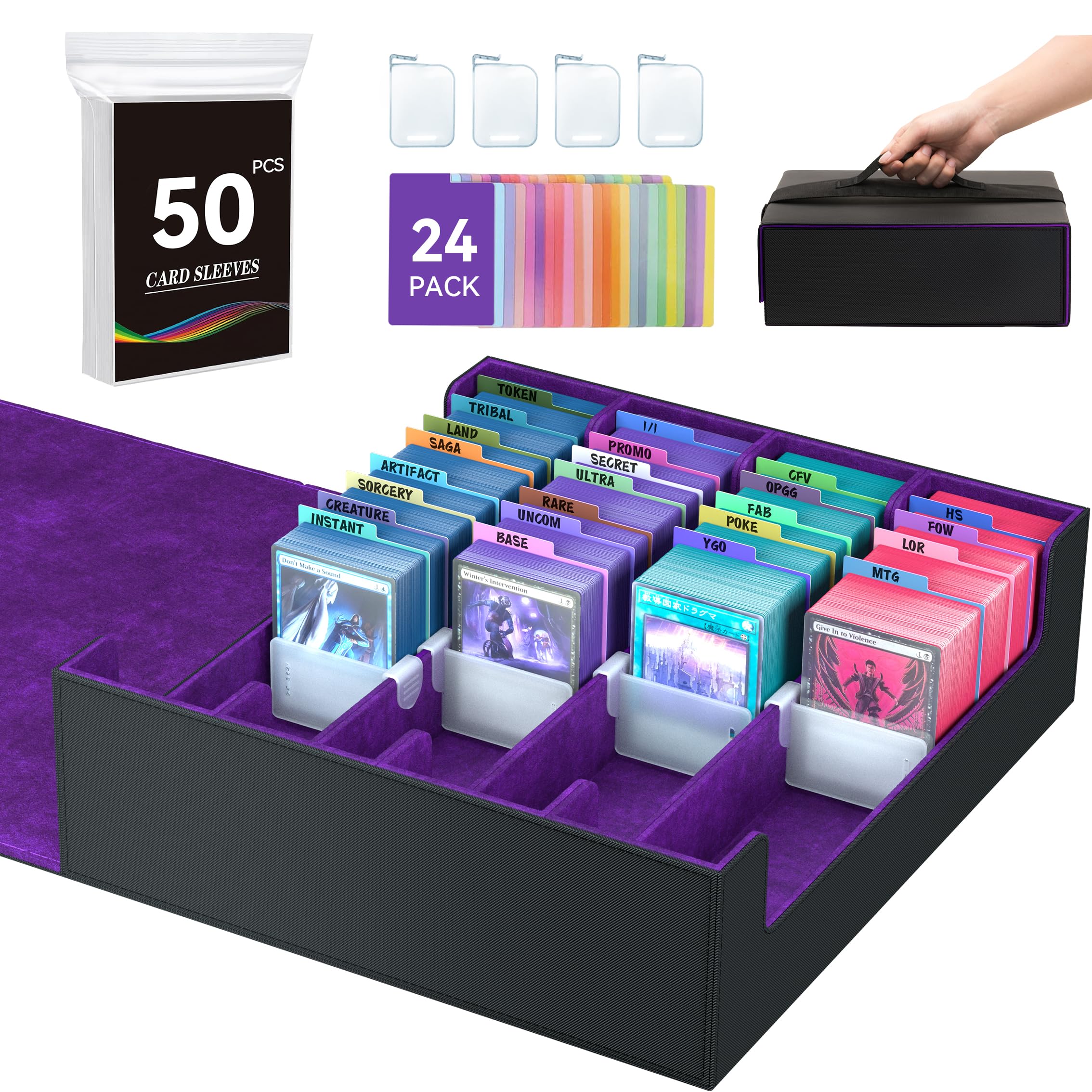 4-Row【3200+】 Trading Card Storage Box, Card Organizer Holder With 50 Sleeves & 24 Dividers, Case Fit for Mtg Tcg Magic Commander Deck Playing Cards, Deck Box for Baseball Sport Card
