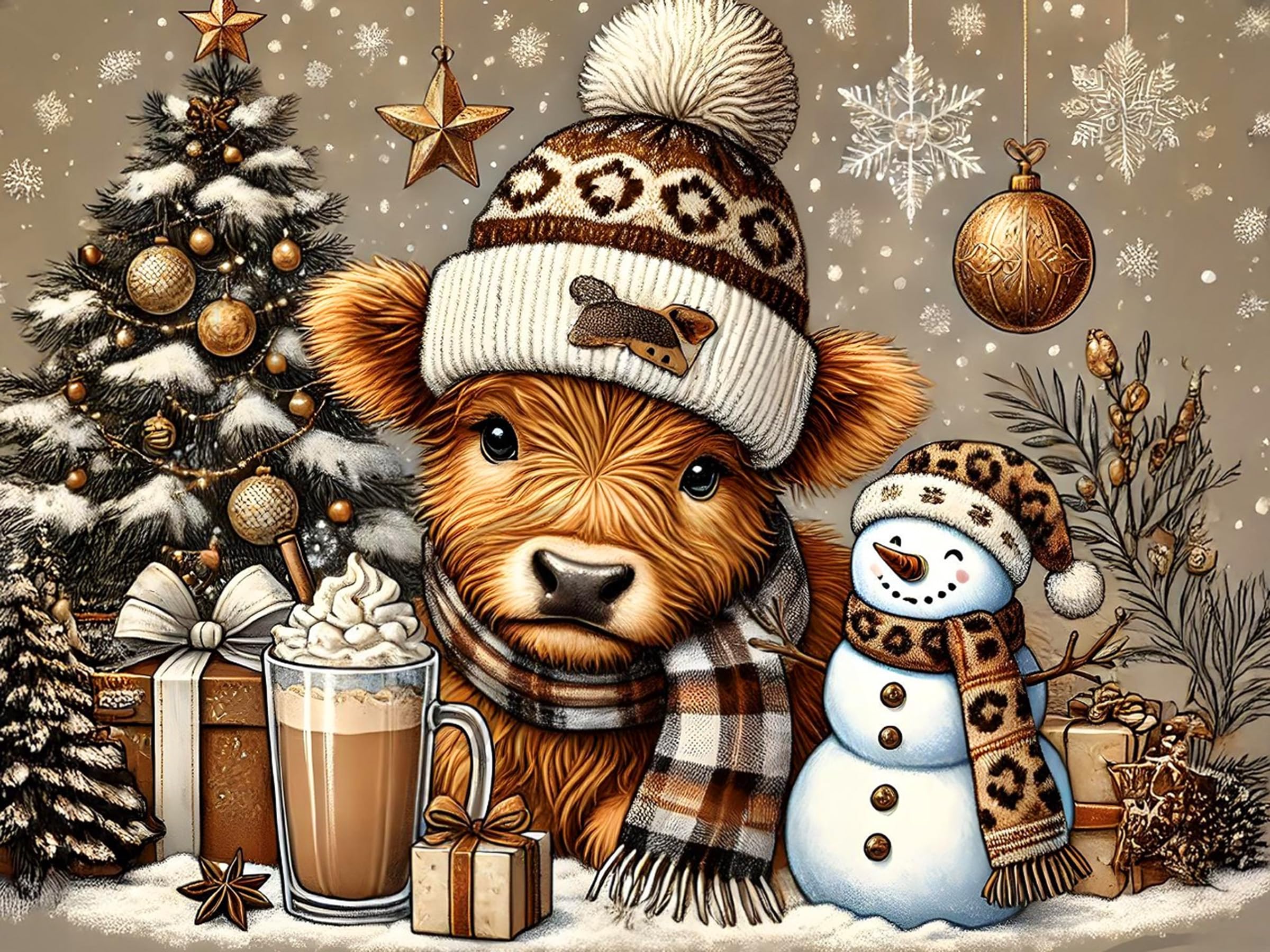 Axquilon Christmas Diamond Art Kits for Adults - Highland Cow Diamond Painting Kits for Adults, 5D Round Full Drill DIY Winter Gem Art Paint by