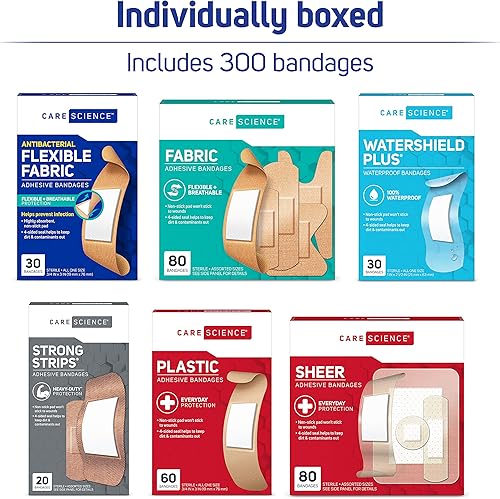 Miniatura 3 de Care Science Paquete de vendajes variados, 300 unidades a granel de varios tamaños, incluye vendas activas, multiusos, impermeables y resistentes.