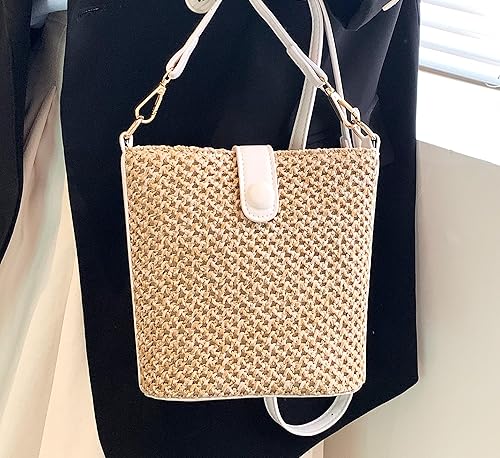 Miniatura 7 de Bolso cruzado de paja para mujer, bolso de hombro hecho a mano de ratán para playa, correas de cuero tejidas a mano, bolso de mano de paja