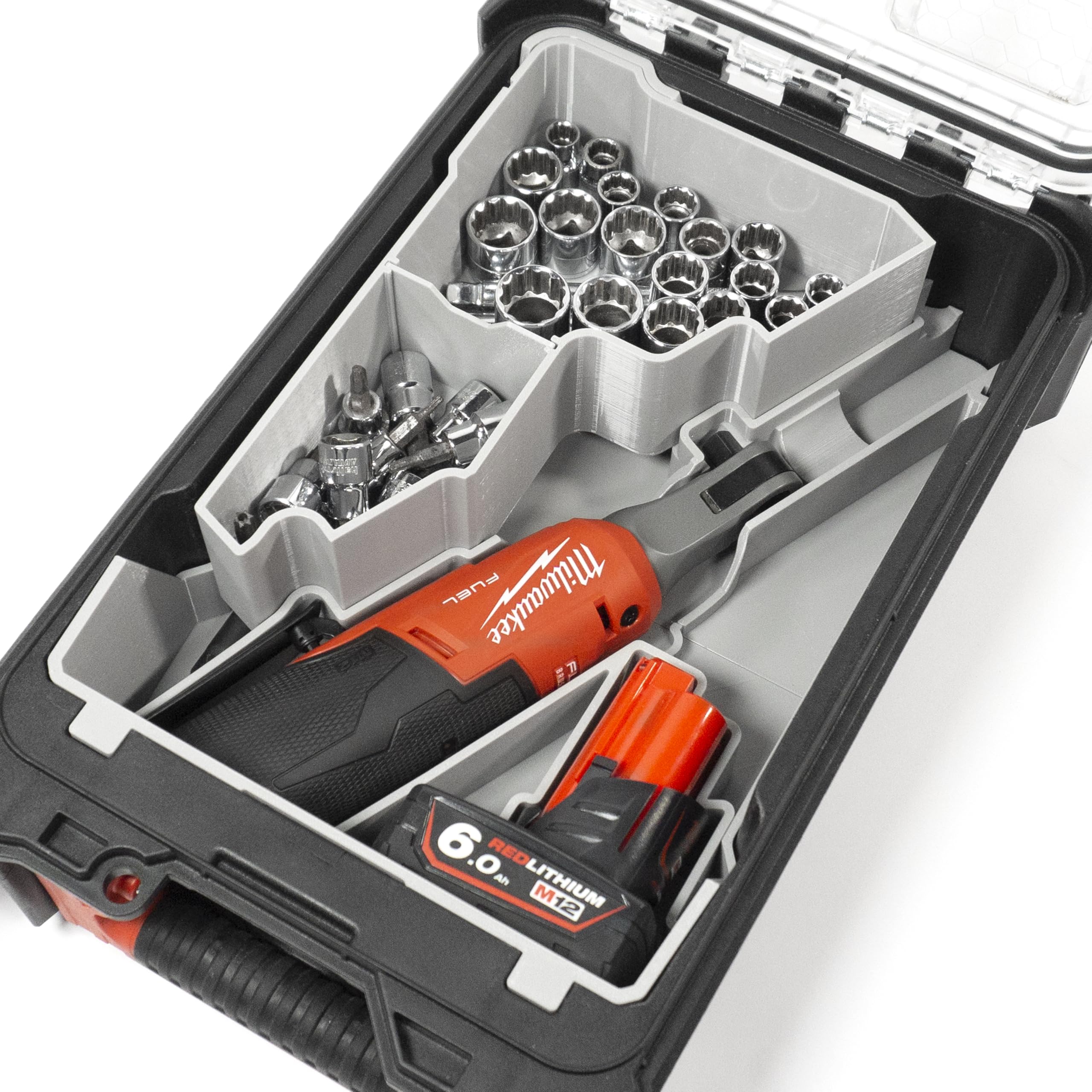 Insert Tray Compatible with Milwaukee M12 3/8" HS Ratchet FHIR38-0, 2567-20, Metric Sockets 6-24mm & PACKOUT Organiser (Grey, Deep Organiser)