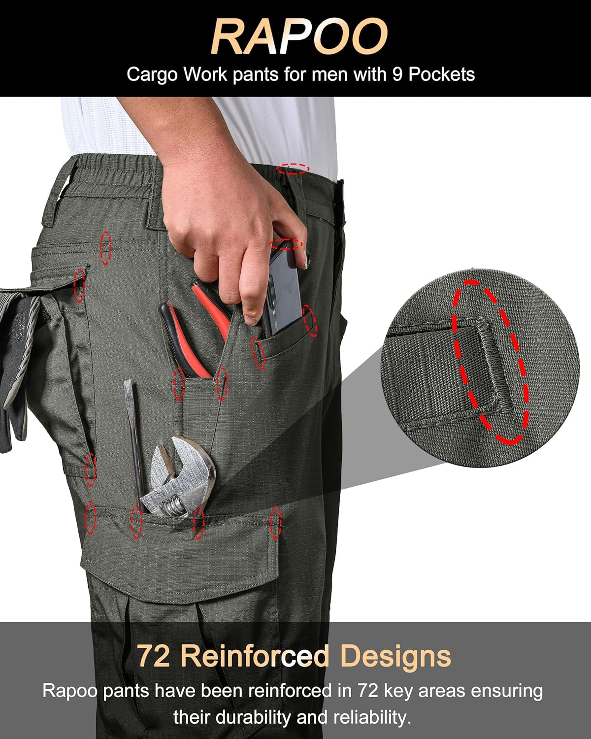 Rapoo Ripstop Water Resistant Cargo Tactical Pants for Men EDC Hiking Work Military Army Pants with 9 Pockets - Image 2