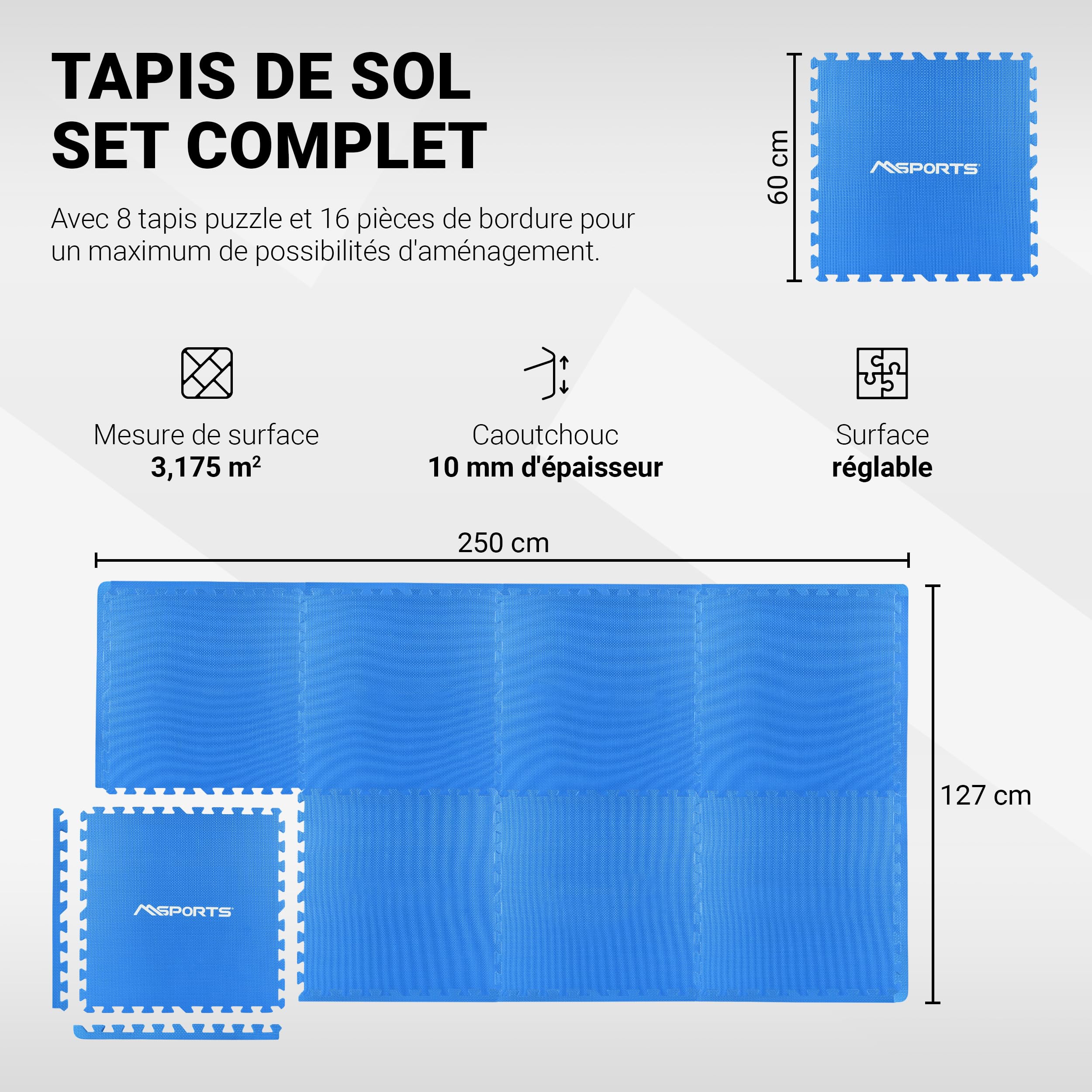 MSPORTS Lot de 8 tapis de protection de sol de qualité supérieure - 3,2 m² - Antidérapant - Pour l'entraînement, le yoga et le fitness - Pour la salle de sport à domicile, également comme tapis de