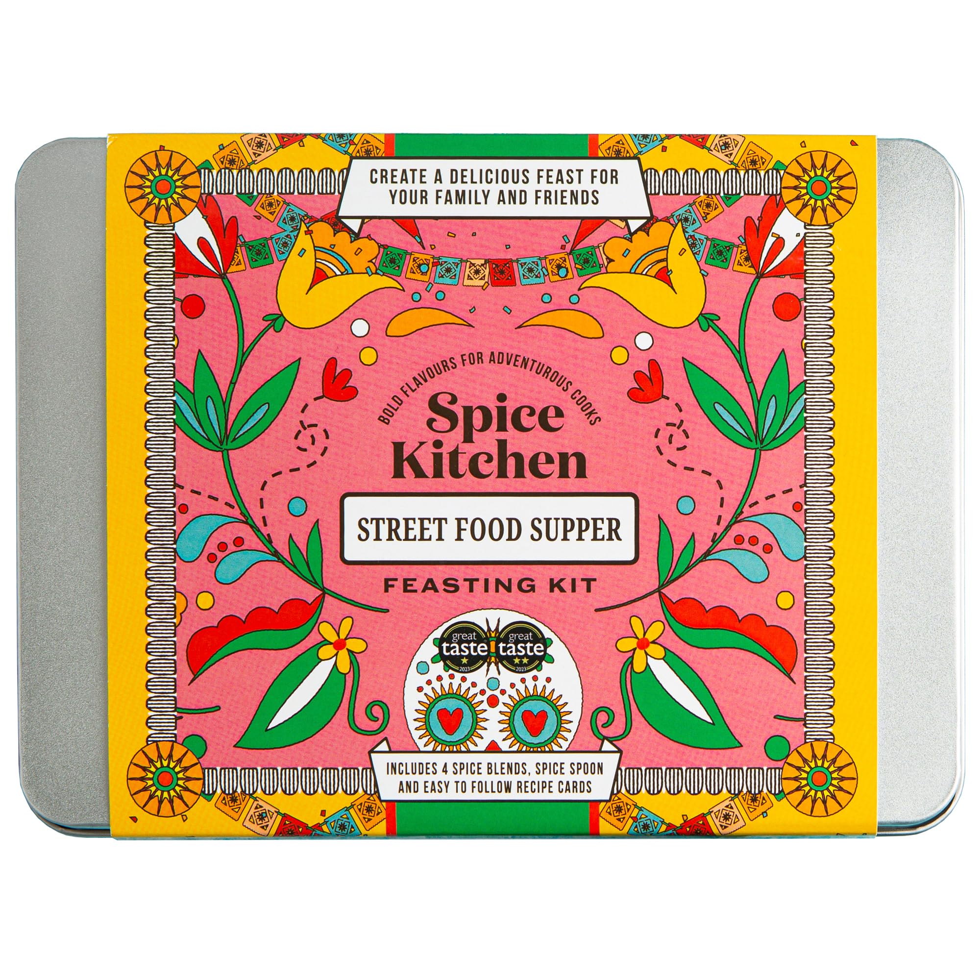 Spice Kitchen - Street Food Supper Feasting Kit - 4 Spice Blends, Great Taste Award Winning Jerk, Tandoori Masala, Cajun & Piri Piri - With Recipe Cards, Spice Spoon - Handmade in the UK