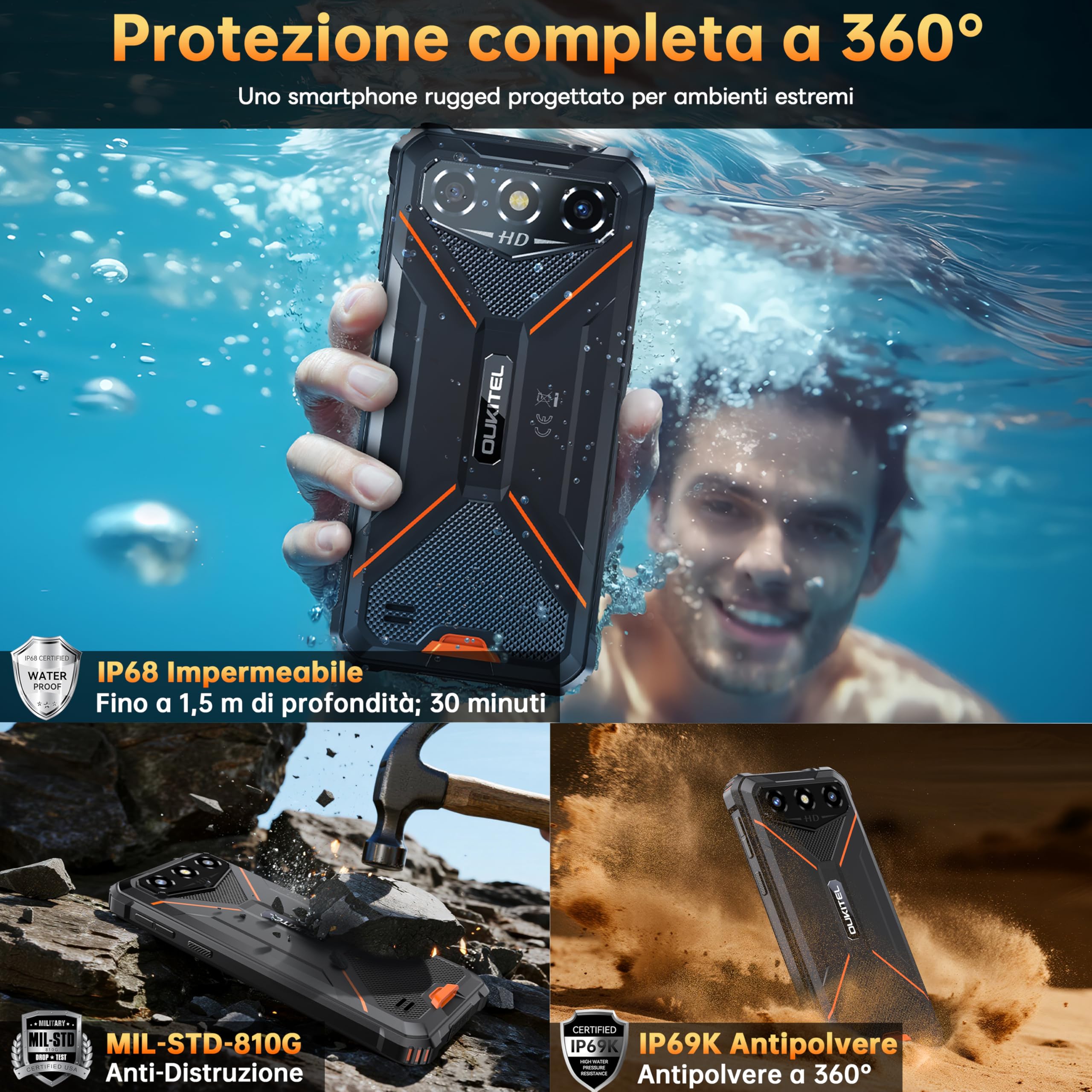 OUKITEL G3 Rugged Smartphone - 2025, 16GB+128GB/1TB Telefono Indistruttibile, 6" HD Display 6300mAh 13MP IP68/IP69K Corning Glass 5 Cellulare Robusto, OTG/GPS/4G Dual SIM/Face ID/3.5mm jack, Arancione
