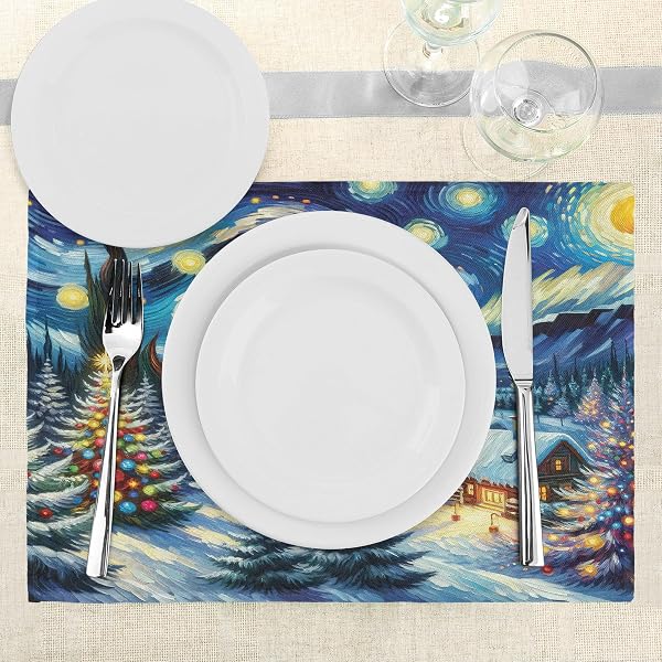 ABAKUHAUS Weihnachten Platzmatten, Schneeweihnachten mit Bäumen, Waschbare Stoff Esszimmer Küche Tischdekorations Digitaldruck, Blau Grün Senf - 3