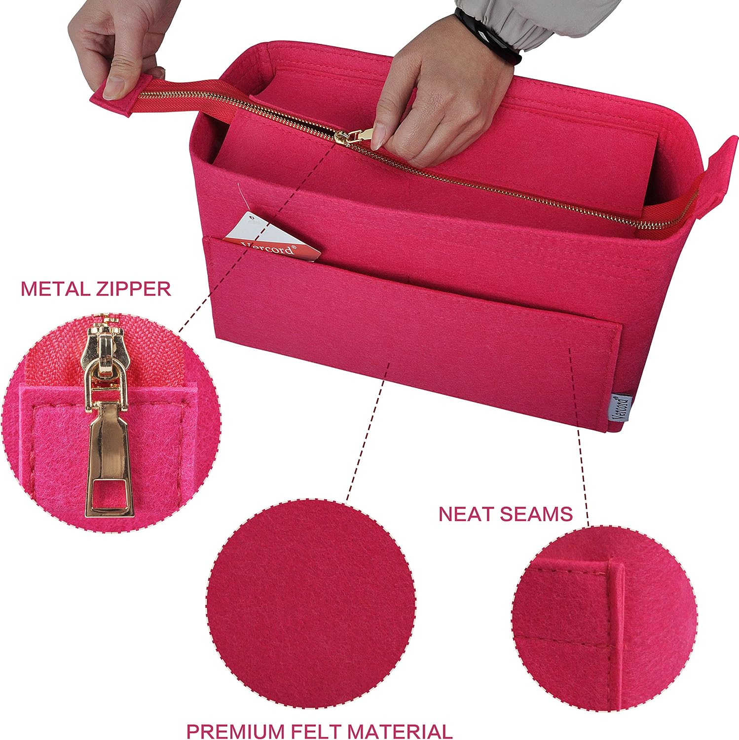Vercord Felt Zipper Handbag Tote Purse Duffel Backpack Organizer Insert Rose Small image 5
