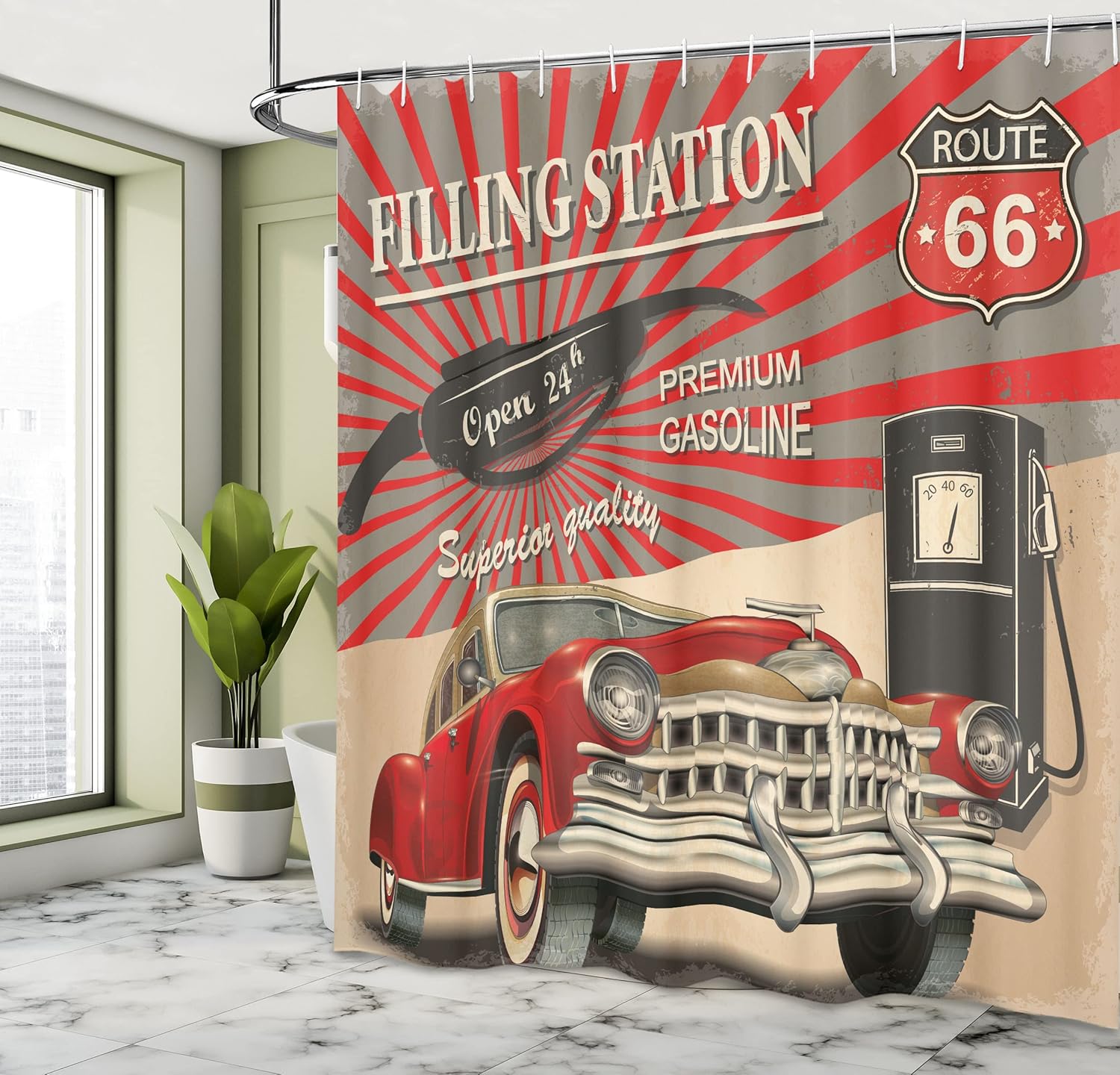 Ambesonne Cars Shower Curtain, Poster Style Image Gasoline Station Commercial Element Route 66 IllustrationPrint, Cloth Fabric Bathroom Decor Set with Hooks, 69" W x 70" L, Vermilion Beige