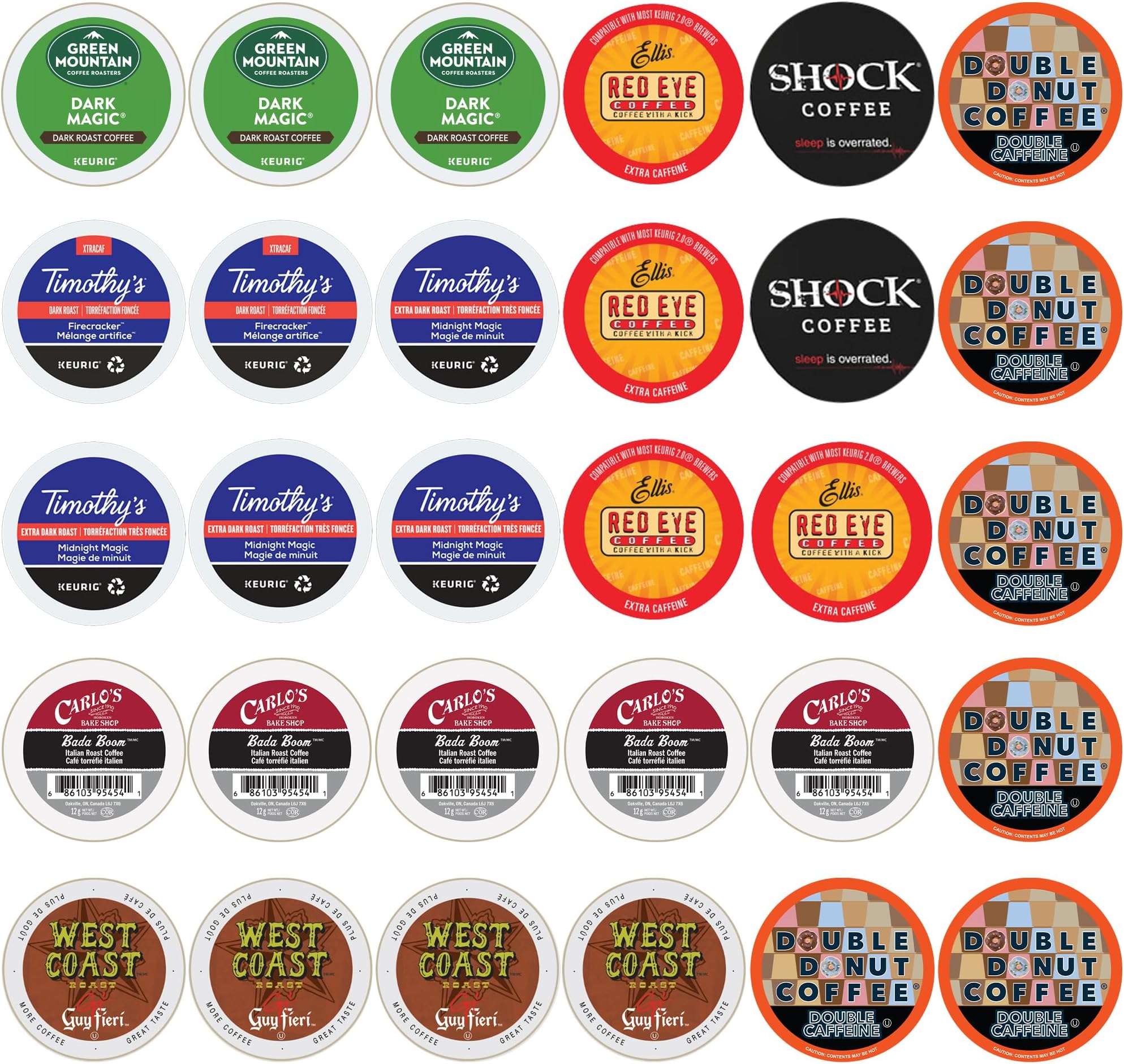 Perfect Samplers Extra Caffeine Extra Bold Coffee Single Serve Cups For Keurig K Cup Brewers 1.0 and 2.0 Variety Pack Sampler (30 Count)