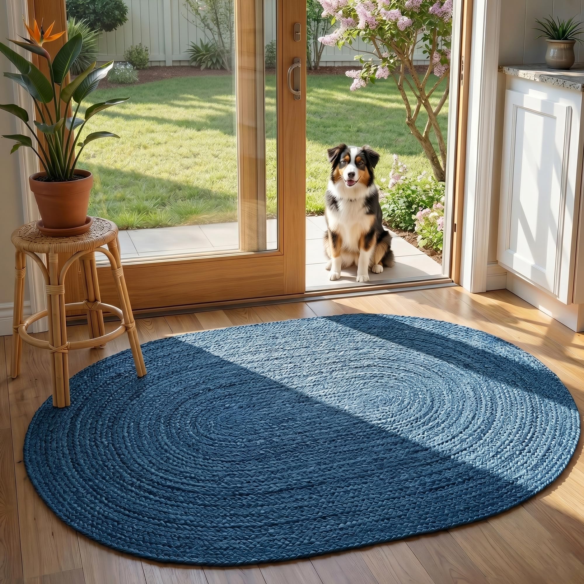 Tapis ovale tressé à la main en fibre naturelle bleue pour un salon élégant
