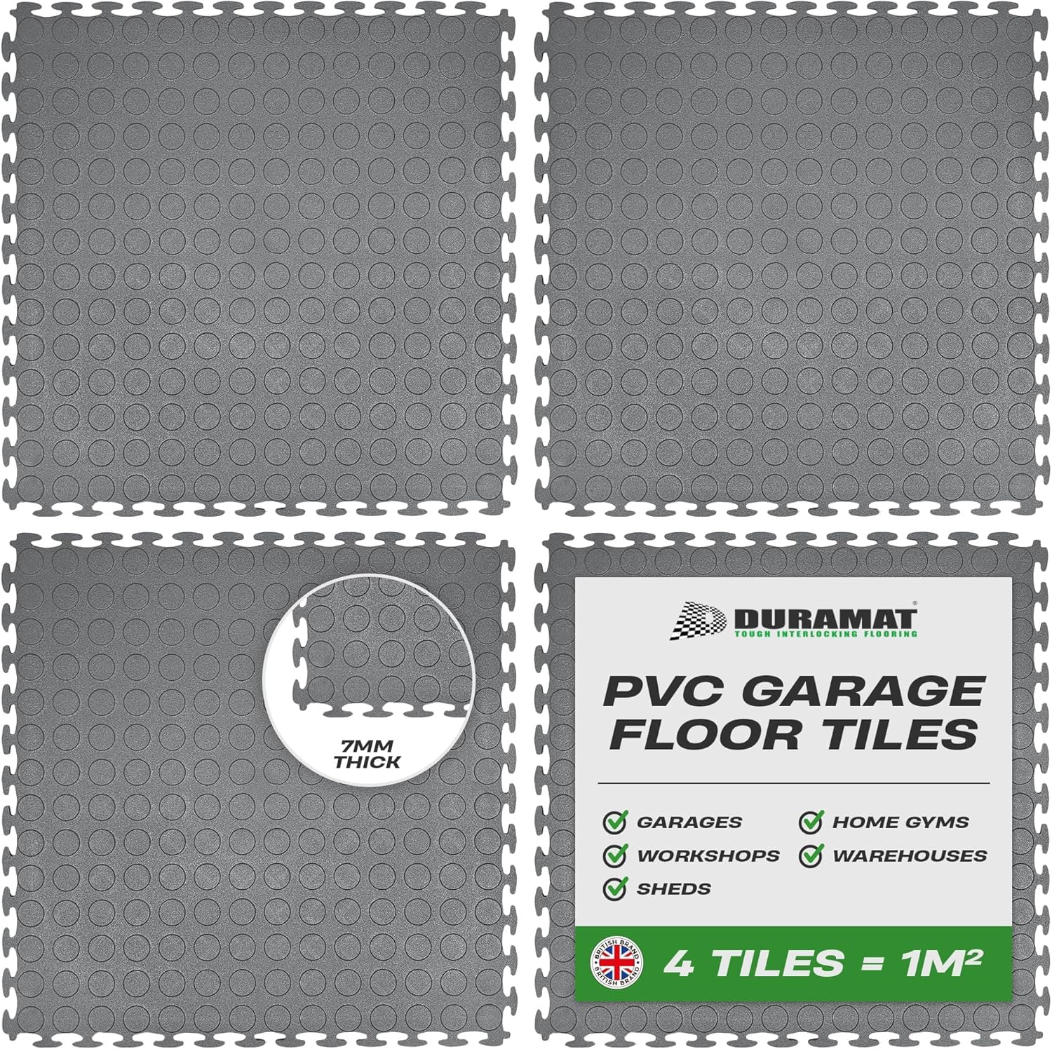 DuraStud Grey Heavy Duty Interlocking Garage Flooring Tiles | 500mm x 500mm x 7mm | PVC Garage Floor Tiles for Garage, Workshop, Home Garage & Showroom Flooring | Pack of 4 Tiles