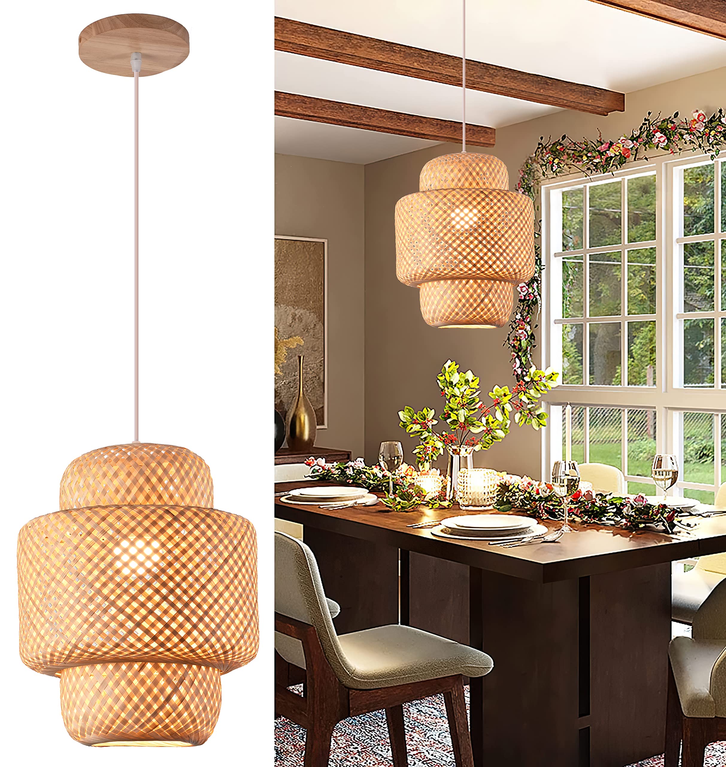 Rattan Pendant Lights Boho Chandelier Bamboo Pendant Light Woven Pendant Light Wicker Light Fixtures Ceiling Hanging Basket Chandelier for Bedroom Dining Room Kitchen Living Room Foyer(Bulb Included)