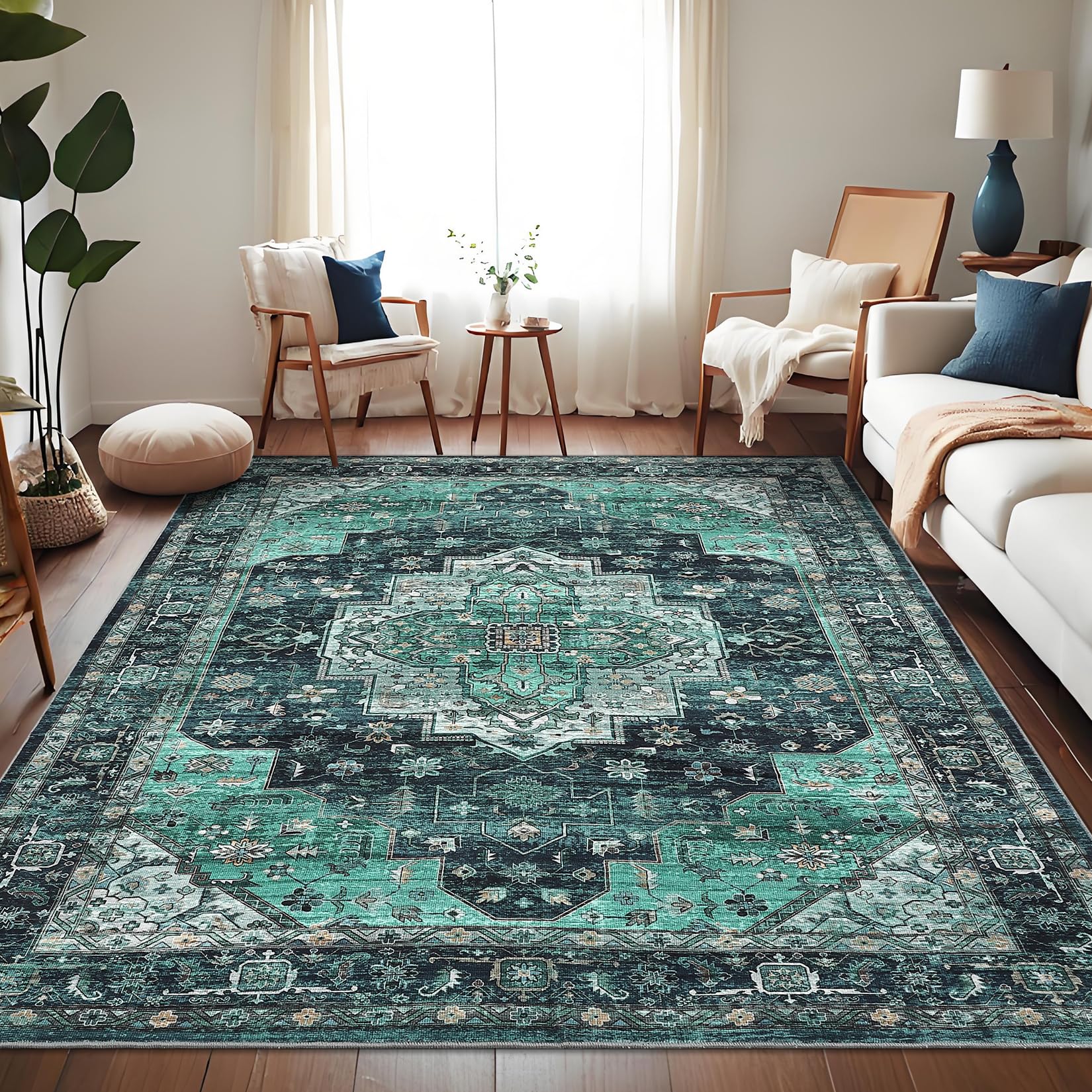 FairyStyle Waschbarer Vintage-Wohnzimmerteppich, 160 x 230 cm Maschinenwaschbar Großer Rutschfester Schlafzimmerteppich Kurzflorig Fleckenabweisend, Türkis