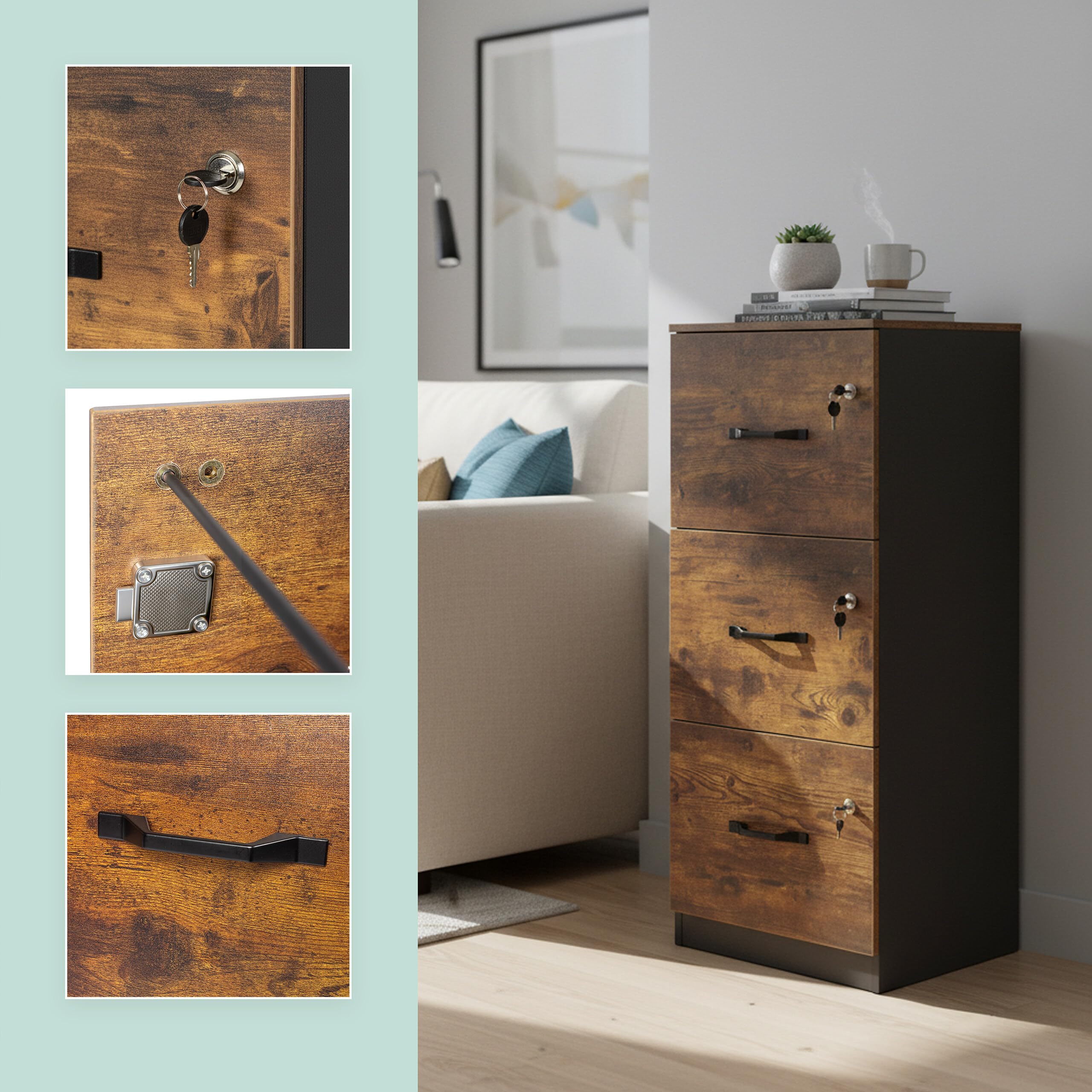 Relaxdays Archivador de 3 Cajones con Llave, HBT 103x40x40cm, Negro/Marrón