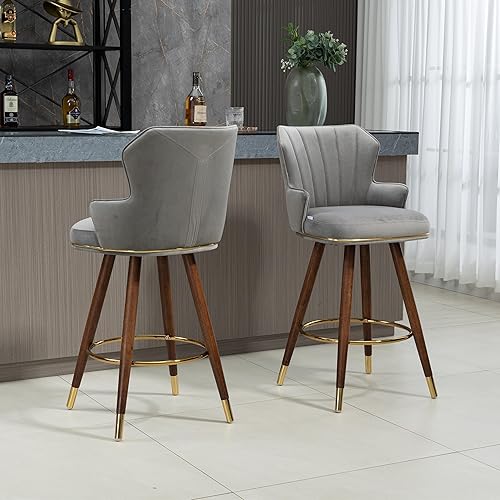 Miniatura 2 de MOONMISS Juego de 2 taburetes de bar, sillas de bar de terciopelo con patas de madera, taburetes de bar de 27.95 pulgadas de altura de mostrador con
