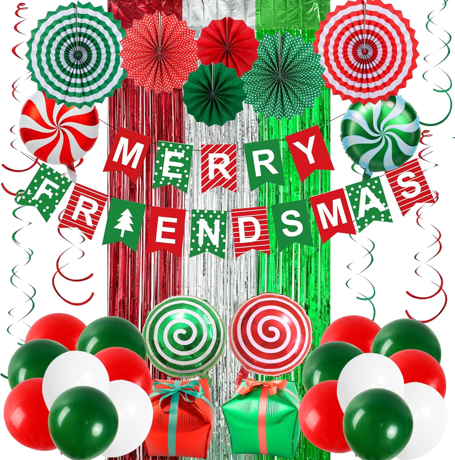 Holkcog Red Green Merry Friendsmas Banner, Red Christmas Party Decorations for Friendsmas, Friends Christmas Dinner Party Garland Banner Ballons Paper Fan Candies Holiday Party Supply Fireplace Decor