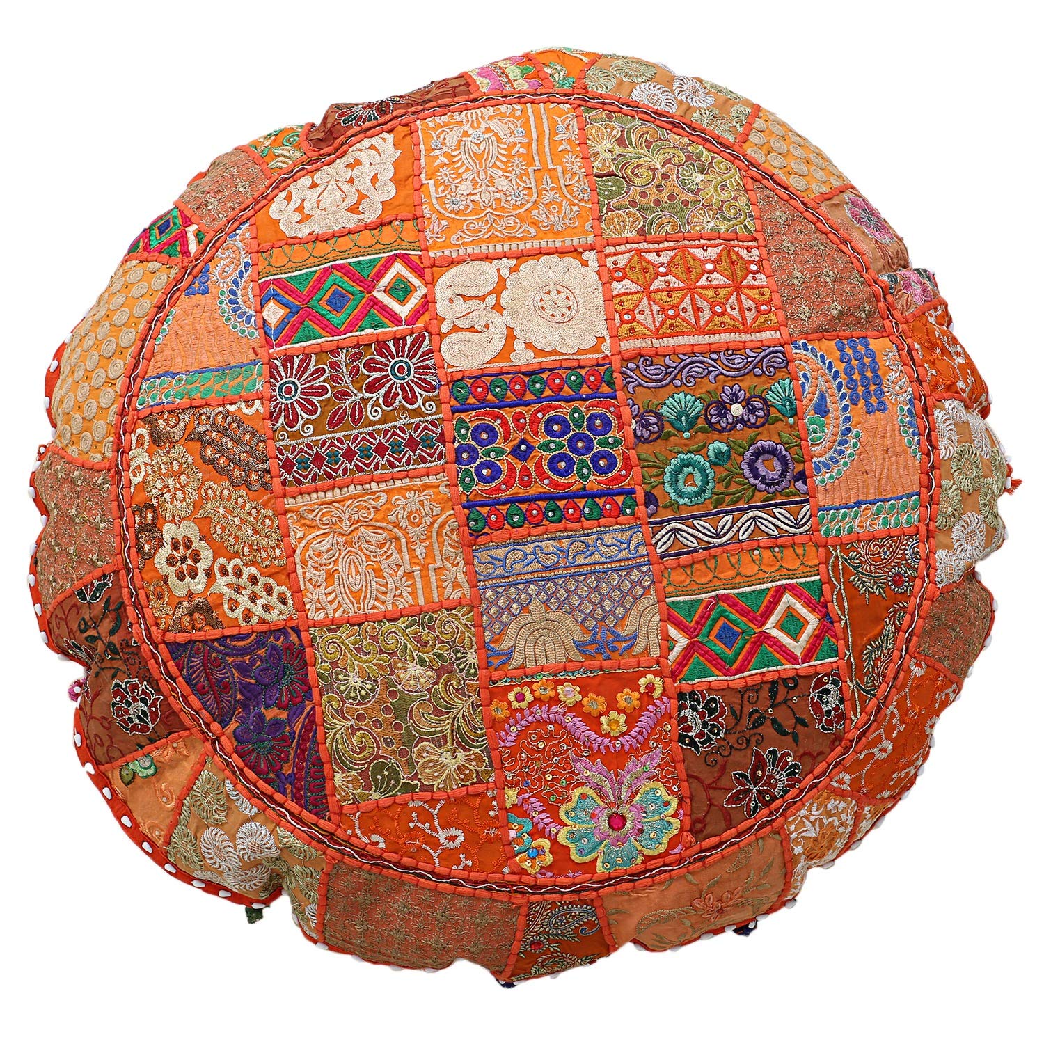 GANESHAM Indian Handmade Vintage Patchwork Cotton Boho Chic Bohemian Hand Embroidered Decorative Ethnic Foot Stool Round Floor Pillows & Cushion Cover Seating Pouf Ottoman (Orange, 32 inch)