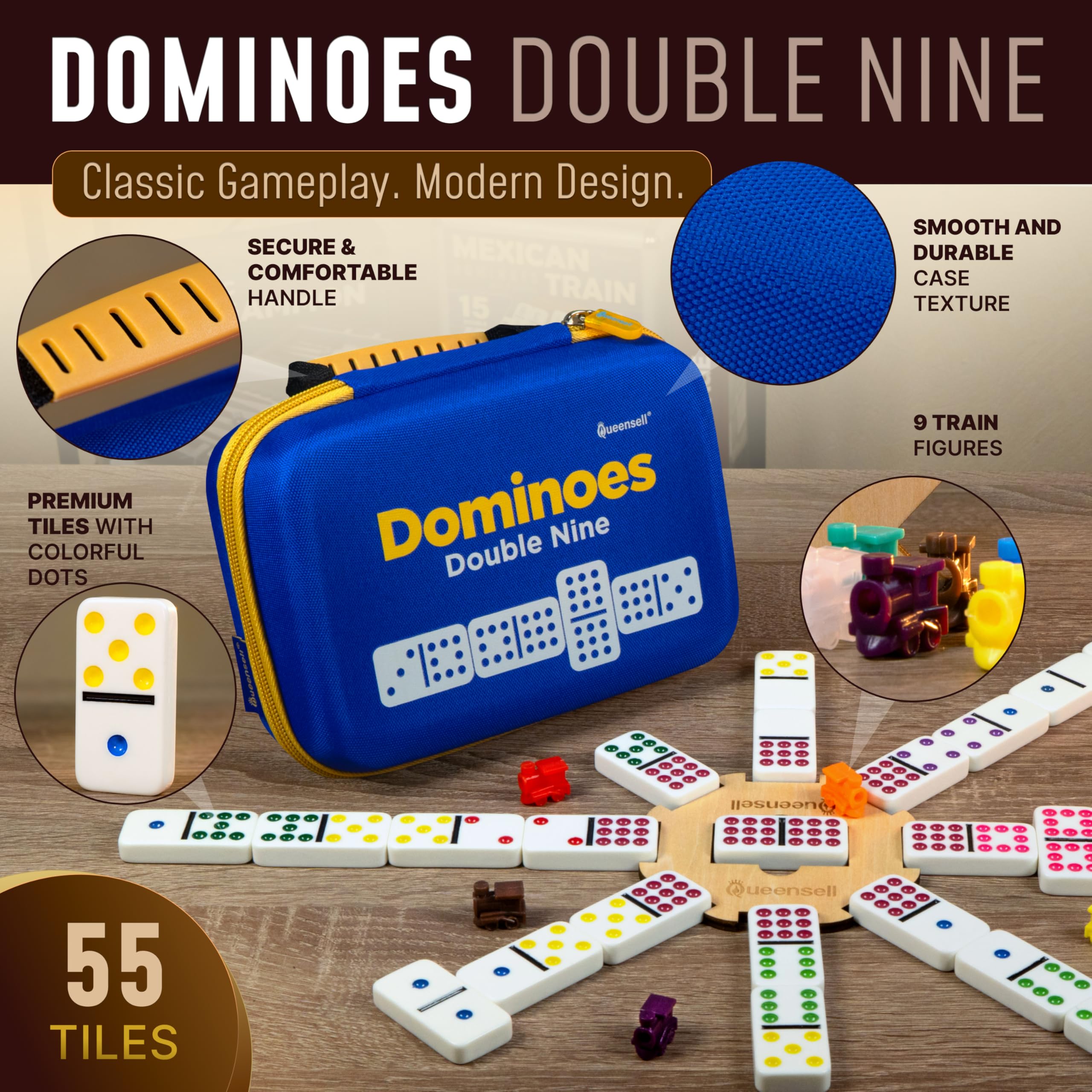 Queensell Double 9 Dominos Set for Adults and Kids with Colored Dots, Classic Dominoes Game Set including 55 Tiles - Image 2