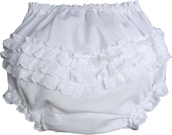 Little Things Mean A Lot Baby Girls White Elastic Bloomer Diaper Cover with Embroidered Eyelet Edging - NB