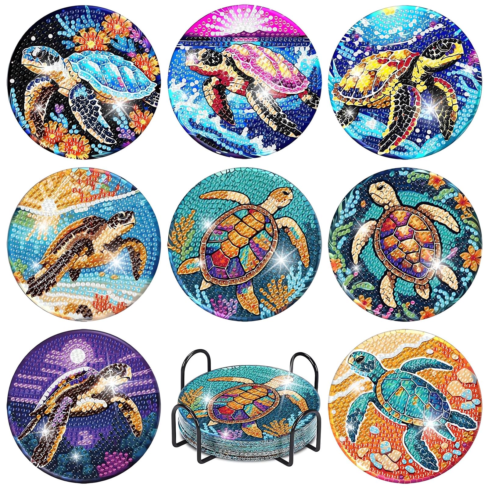 EFNHJF5 8 Stück Diamond Painting untersetzer with Holder,Cocktail Diamant Tassenuntersetzer,Diamond Painting zum Basteln,für Anfänger, Erwachsene & 6-12 Jahre