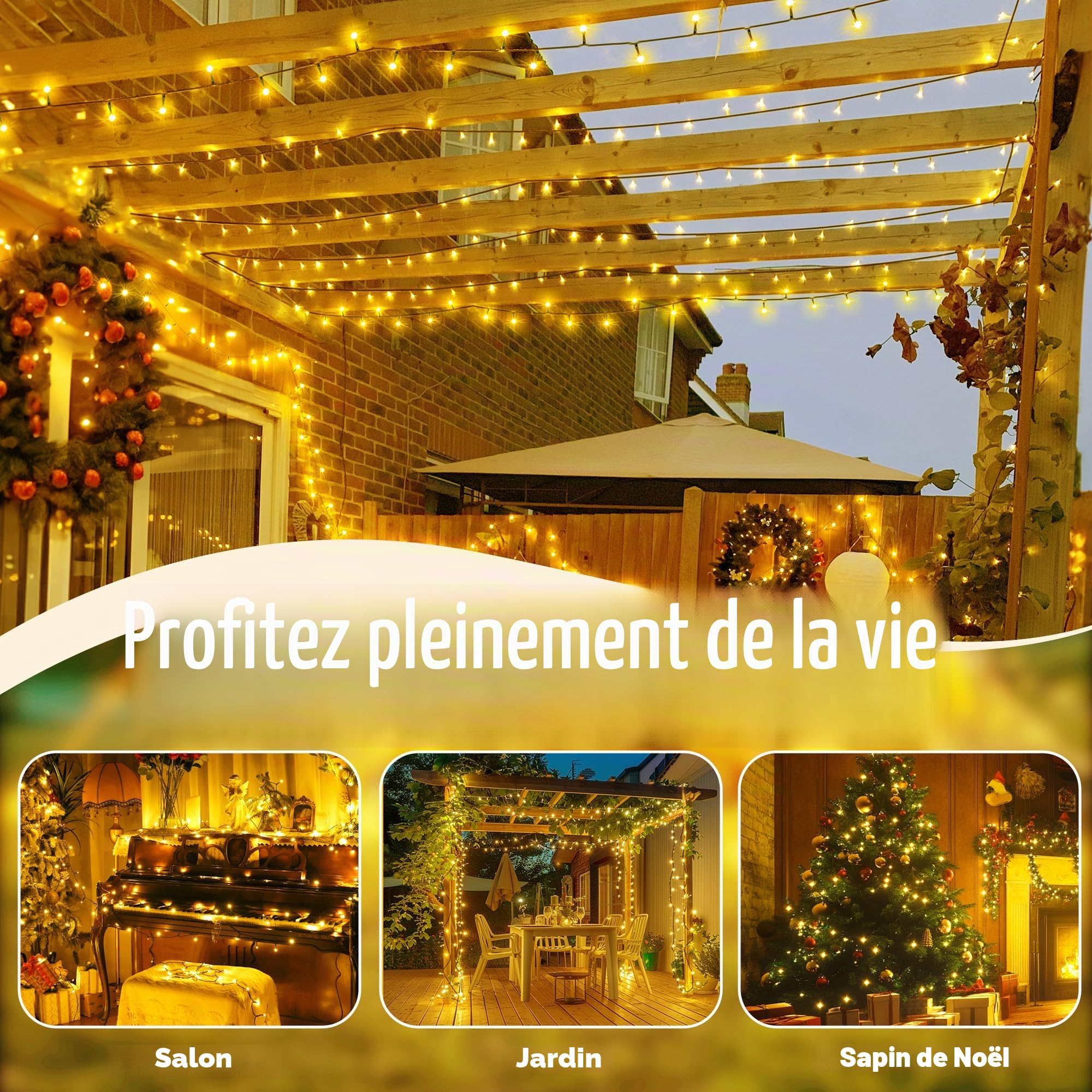 Auriostar Guirlande Lumineuse Pile, 20m 200LEDs Lumineuse Sapin de Noel avec 8 Modes, étanche IP44 Guirlande Lumineuse à Pile Exterieure Intérieur pour Noël, Chambre, Jardin (Fil Vert)