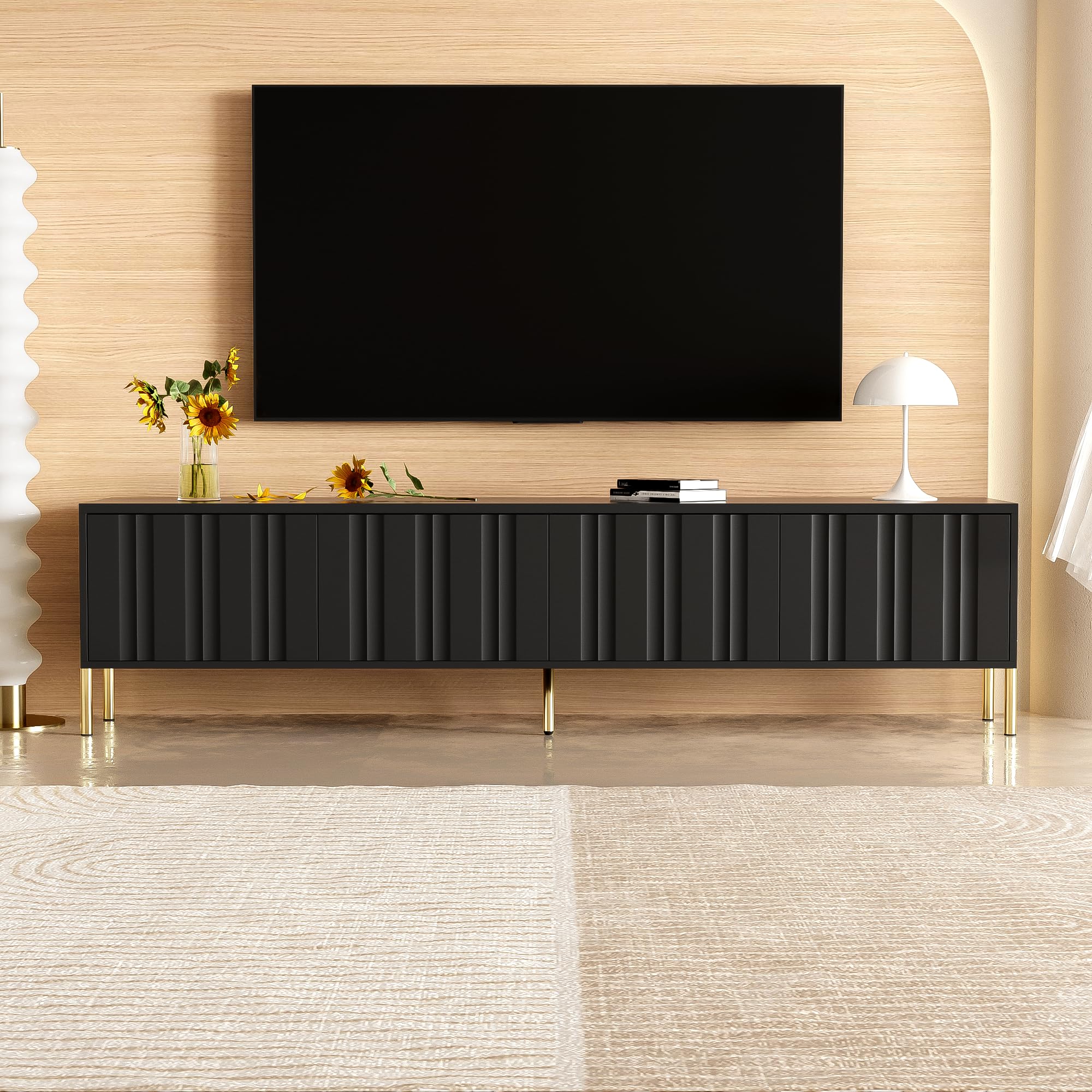 BTM Schwarzes TV-Schrank, 190 cm(L) x 38 cm(W) x 48 cm(H), goldene Tischbeine