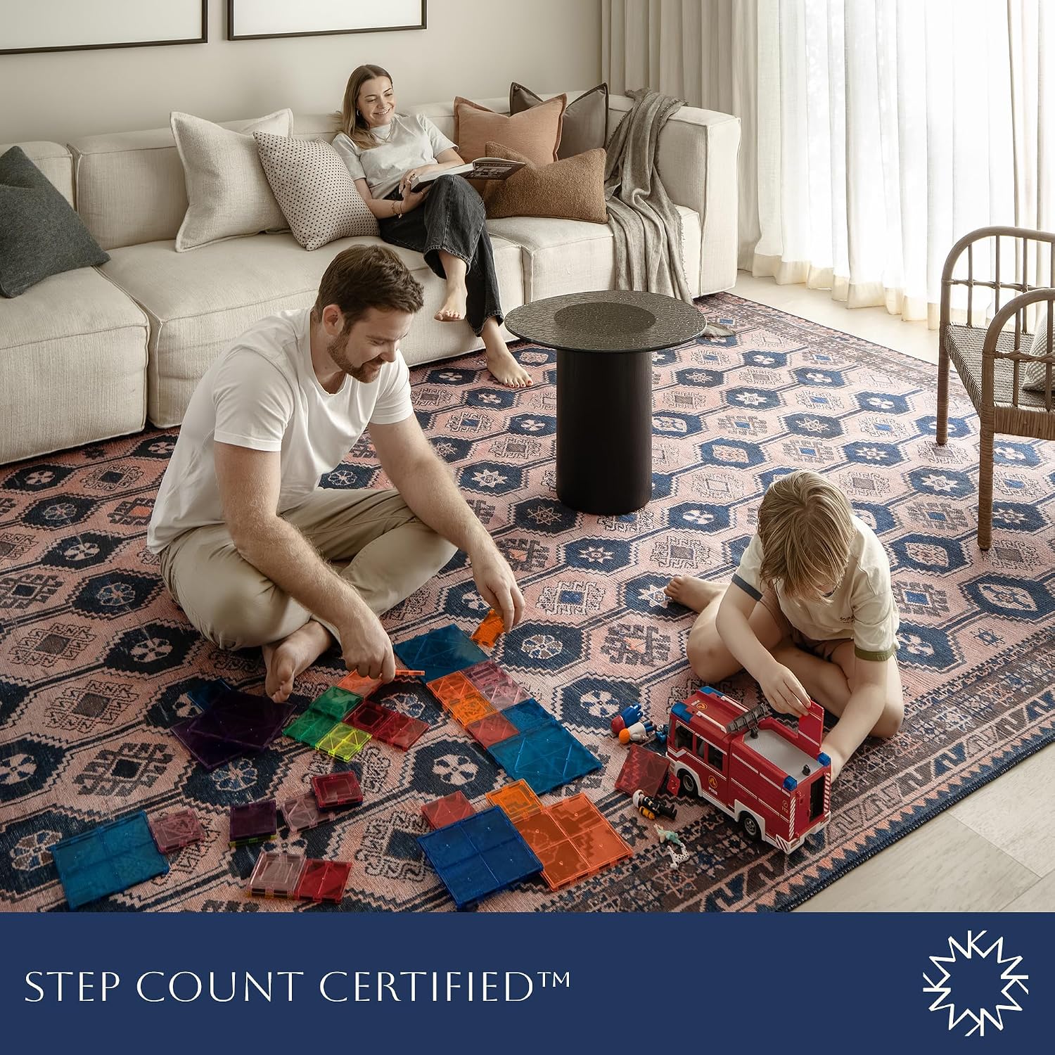 Indiclay 10’ x 14’ Area Rug – Blush Pink & Deep Navy Heritage Flatweave, Low-Pile – Easy Clean Area Rug – Perfect for Living Room, Dining Room, Bedroom – Pet & Kid Friendly