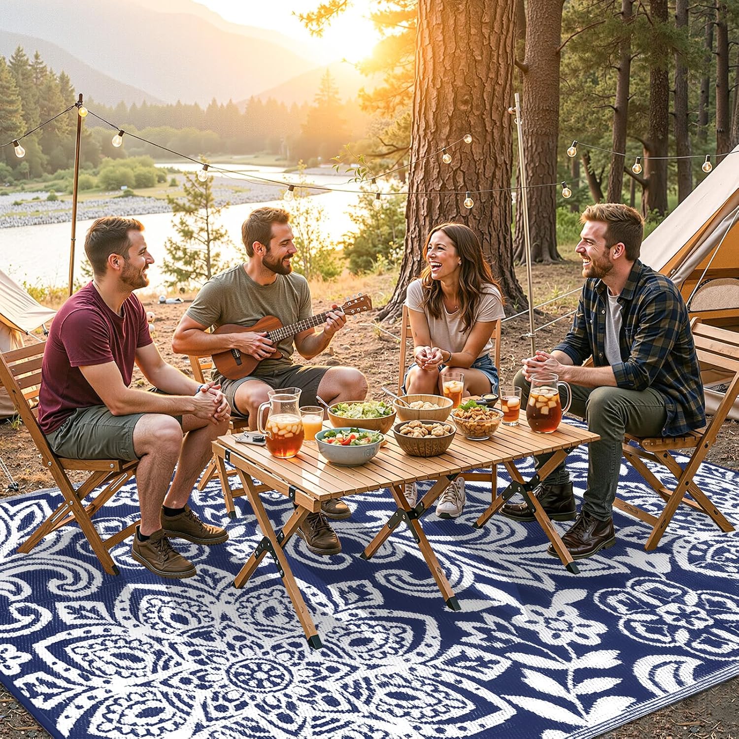 Findosom Waterproof Outdoor Rug 6' x 9' - Reversible Mandala Outdoor Plastic Straw Rug, Durable Foldable Patio Rug for RV, Deck, Balcony, Backyard, Picnic, Porch, Camping, Beach, Navy