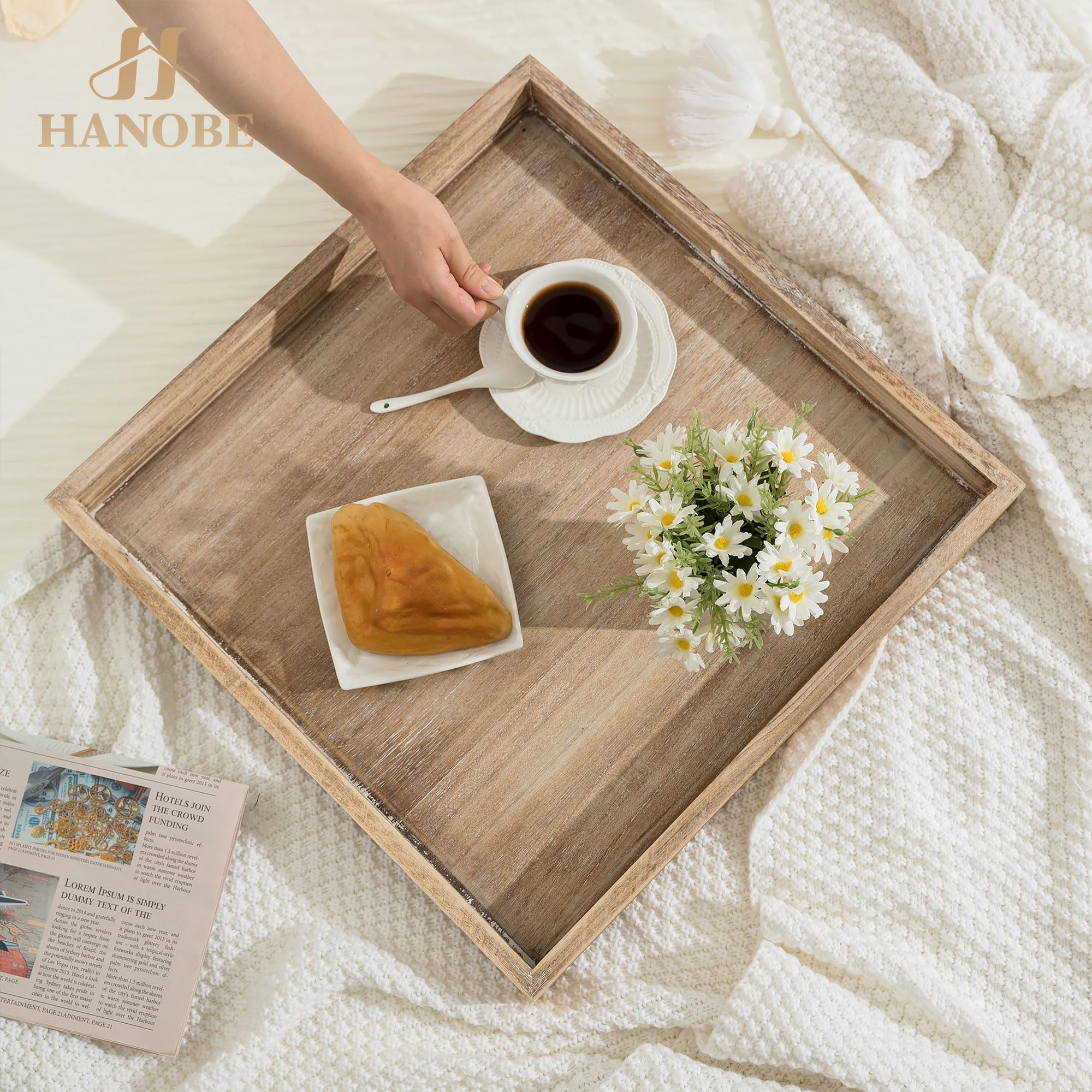 Hanobe Bandeja otomana grande para servir: bandejas de madera para mesa de centro con asas de 20 pulgadas para sala de estar, decoración otomana rústica cuadrada extra grande de gran tamaño para | Decoración cuadrada grande rústica de gran tamaño para sal