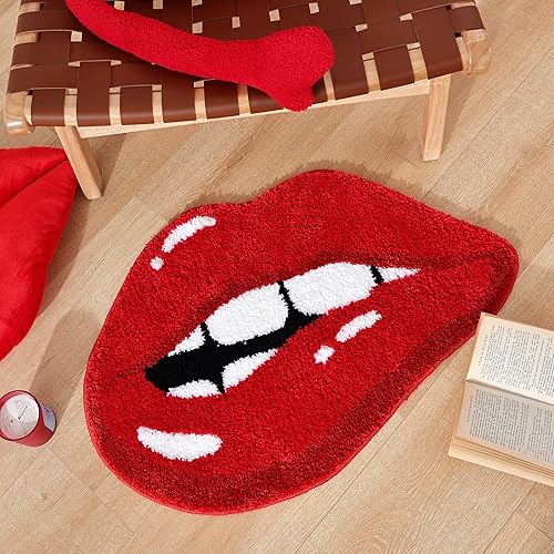 Miniatura 3 de Panstar Alfombra de baño de labios rojos, bonita y divertida alfombra de baño con forma de labios mordedores, antideslizante, absorbente, alfombra