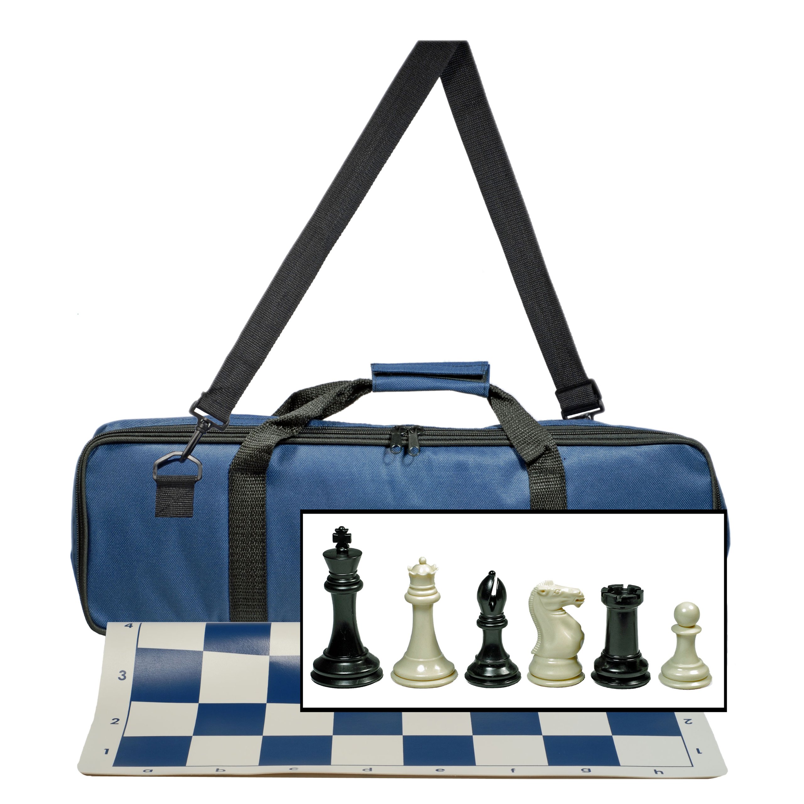 WE Games Ultimate Tournament Chess Set with New Blue Silicone Chess Mat, Blue Canvas Bag & Super Triple Weighted Chessmen with 4" King