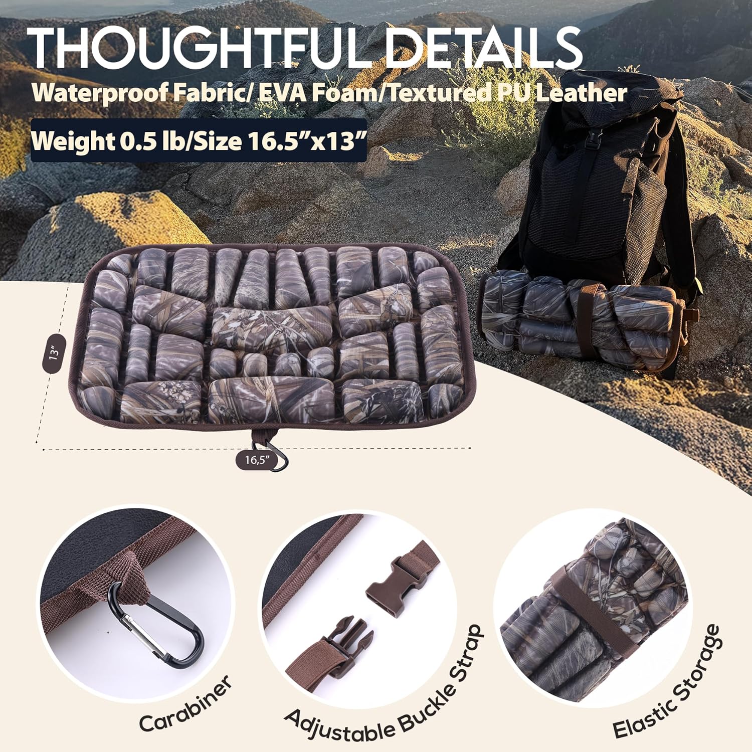 Hunting Seat Cushion with Waist Strap, Waterproof & Anti-Slip Outdoor Seat Cushions, Lightweight & Foldable EVA Padded for Benches, Bleachers, Hunting, Stadium Seating, Hiking - Dry Grass
