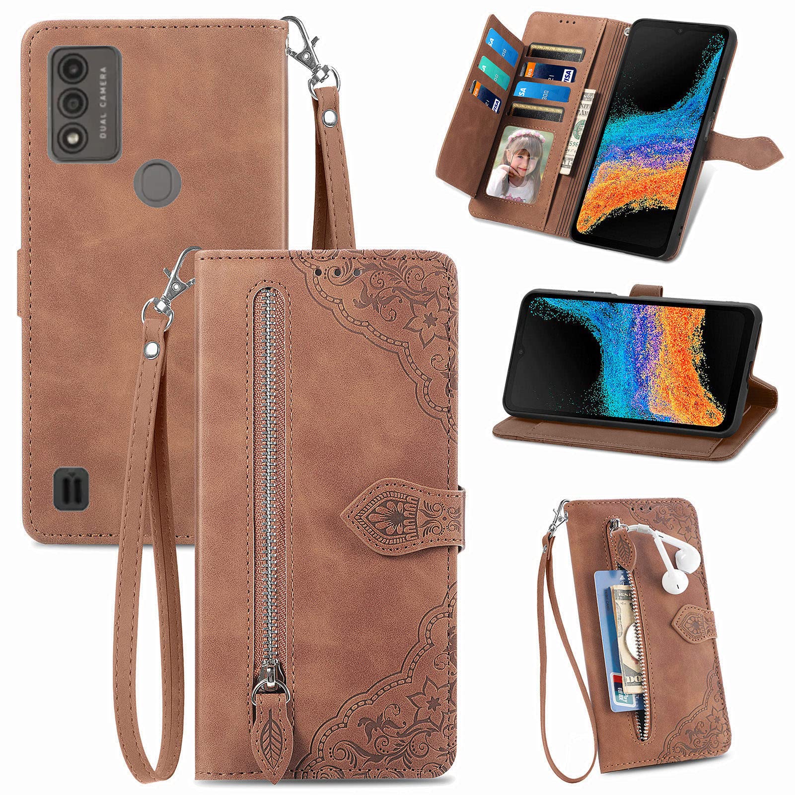 for Wiko Voix U616AT Zipper Wallet Case with Strap,7 Card Holder Leather Flip Magnet Wallet Case with Money Pocket Full Body Protective Purse Case for Women for Wiko Voix U616AT -Brown