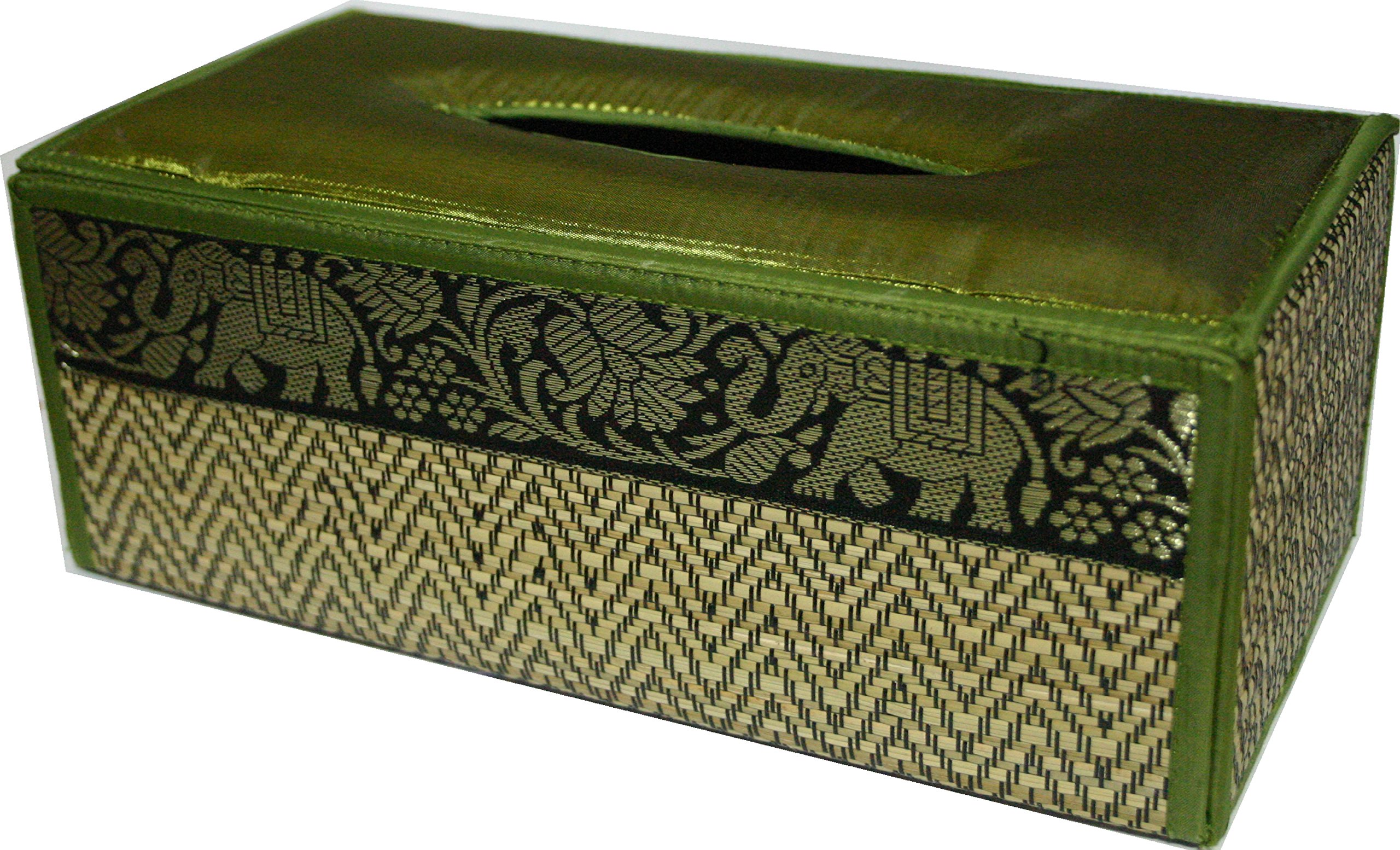 TOPMOST N-9007, Handmade Thai Woven Straw Reed Rectangular Tissue Box Cover with Silk Elephant Design 5x3.7x10.2 Inch