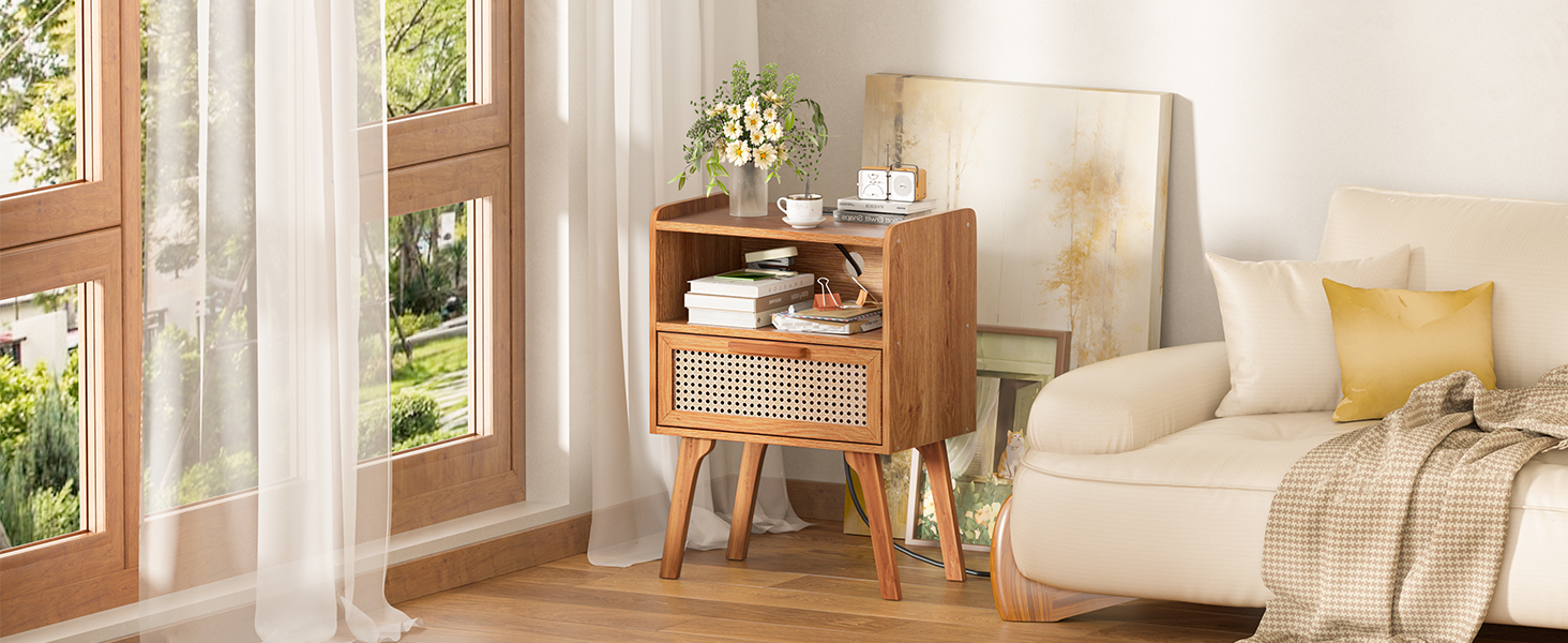 Amazon.com: Lerliuo Rattan Nightstand with Charging Station, Boho