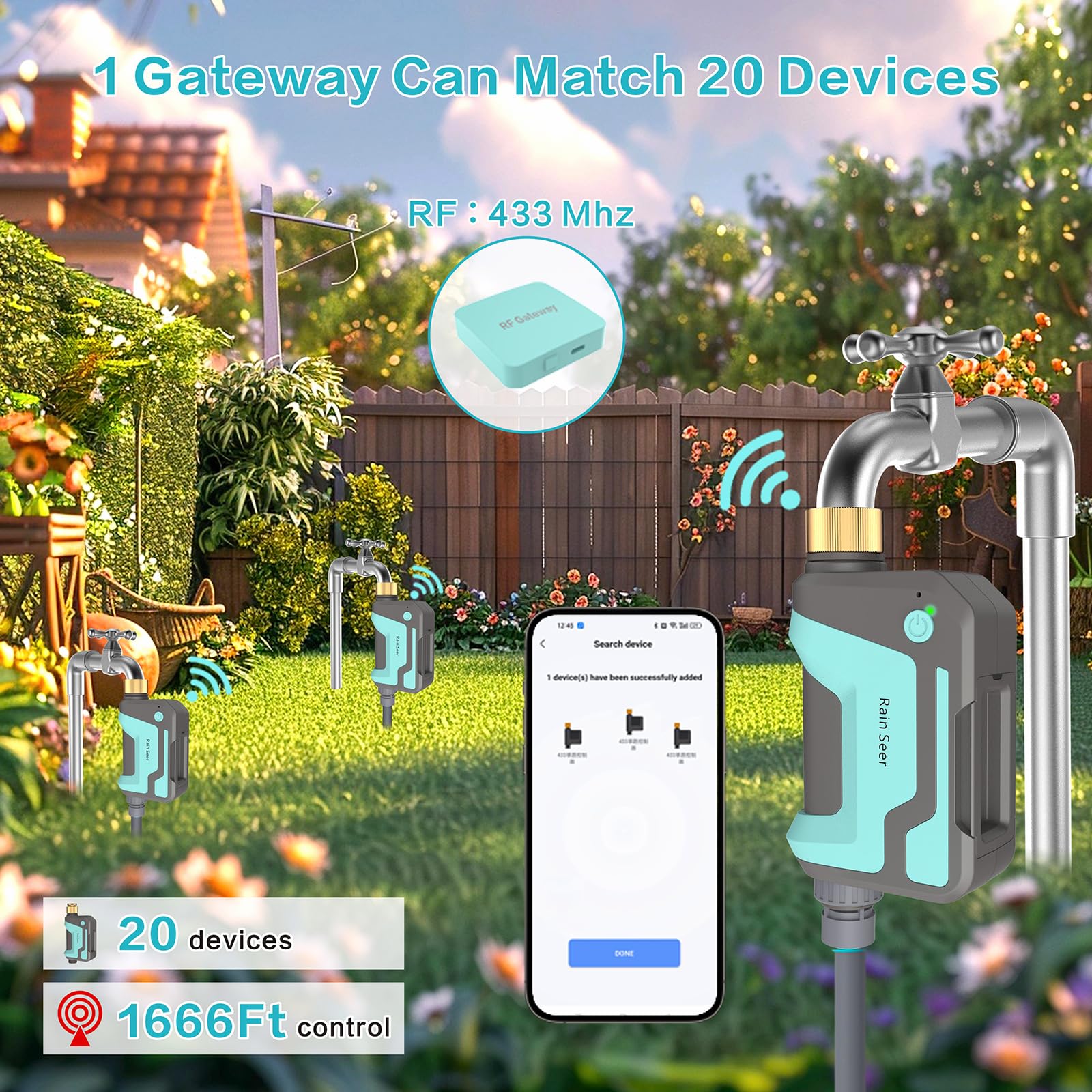 Smart WiFi Sprinkler Timer mit 1666 Fuß RF Gateway, Messing Einlass und Auslass Wassertimer für Gartenschlauch, App Fernbedienung mit Alexa, Regenverzögerung und manuellem Modus für Garten und Rasen