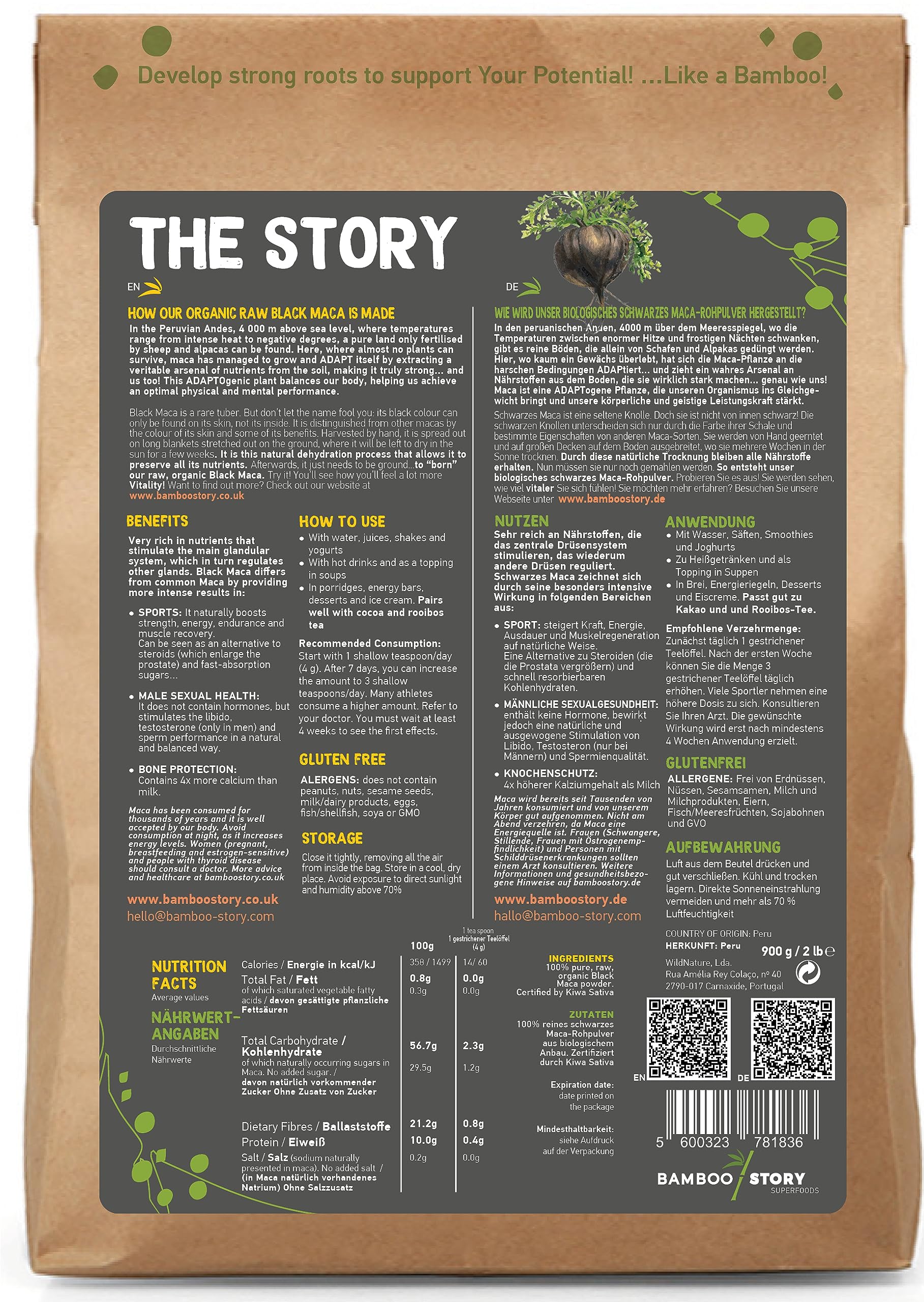 BAMBOO STORY | Maca NOIRE | Poudre | 100% Perou | Crue | Bio | Pure | 900g