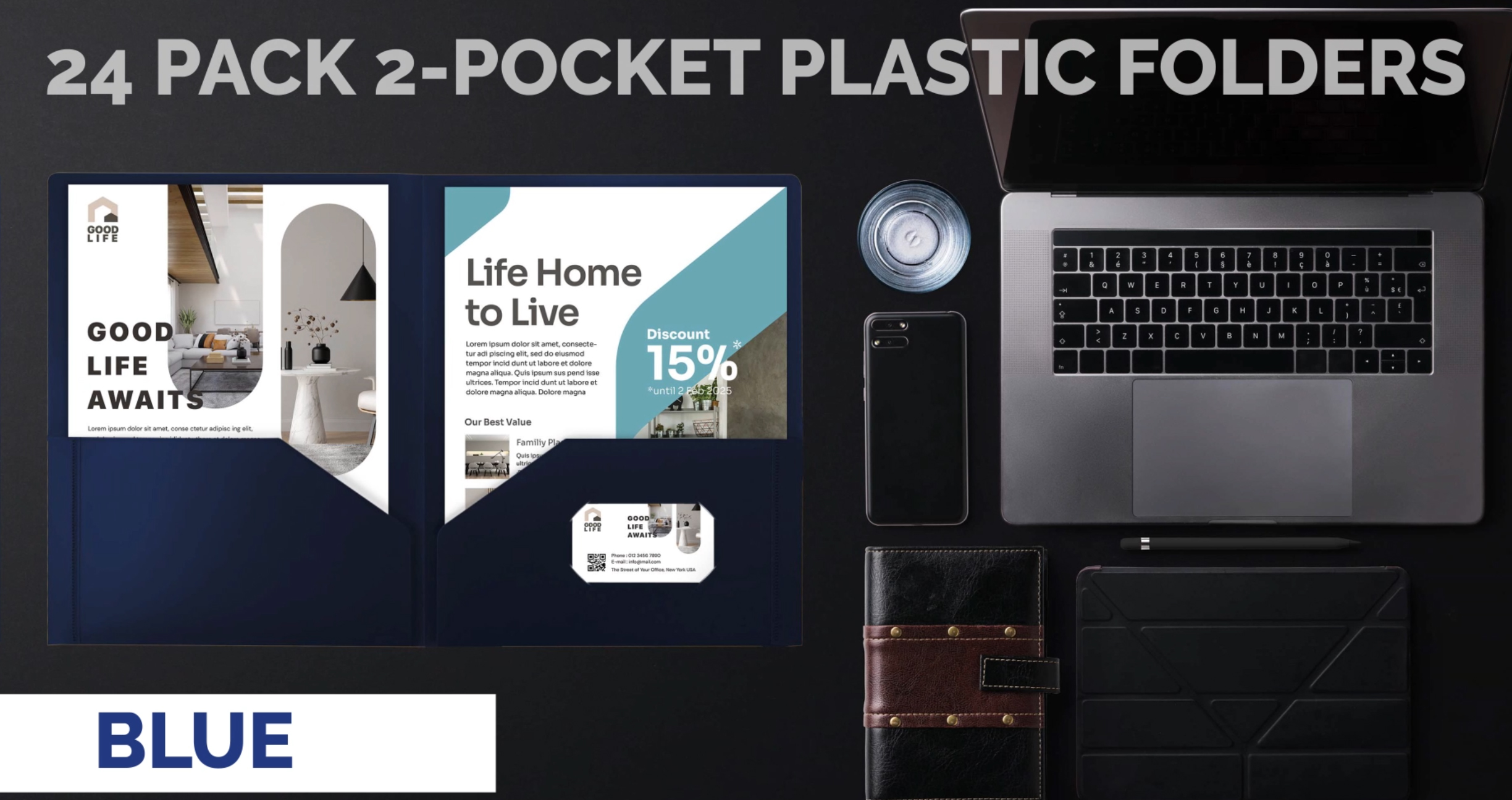 Better Office Products 2-Pocket Portfolio Folders - 24-Pack Royal Blue With Prongs