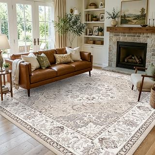 10x10 Square Living Room Rug: Washable Vintage Ultra Soft Carpet for Bedroom Office Dining Room Thin Non-Slip Kids Room Rug Farmhouse Durable Low Pile Floor Mat for High Traffic Areas(10x10，Beige)