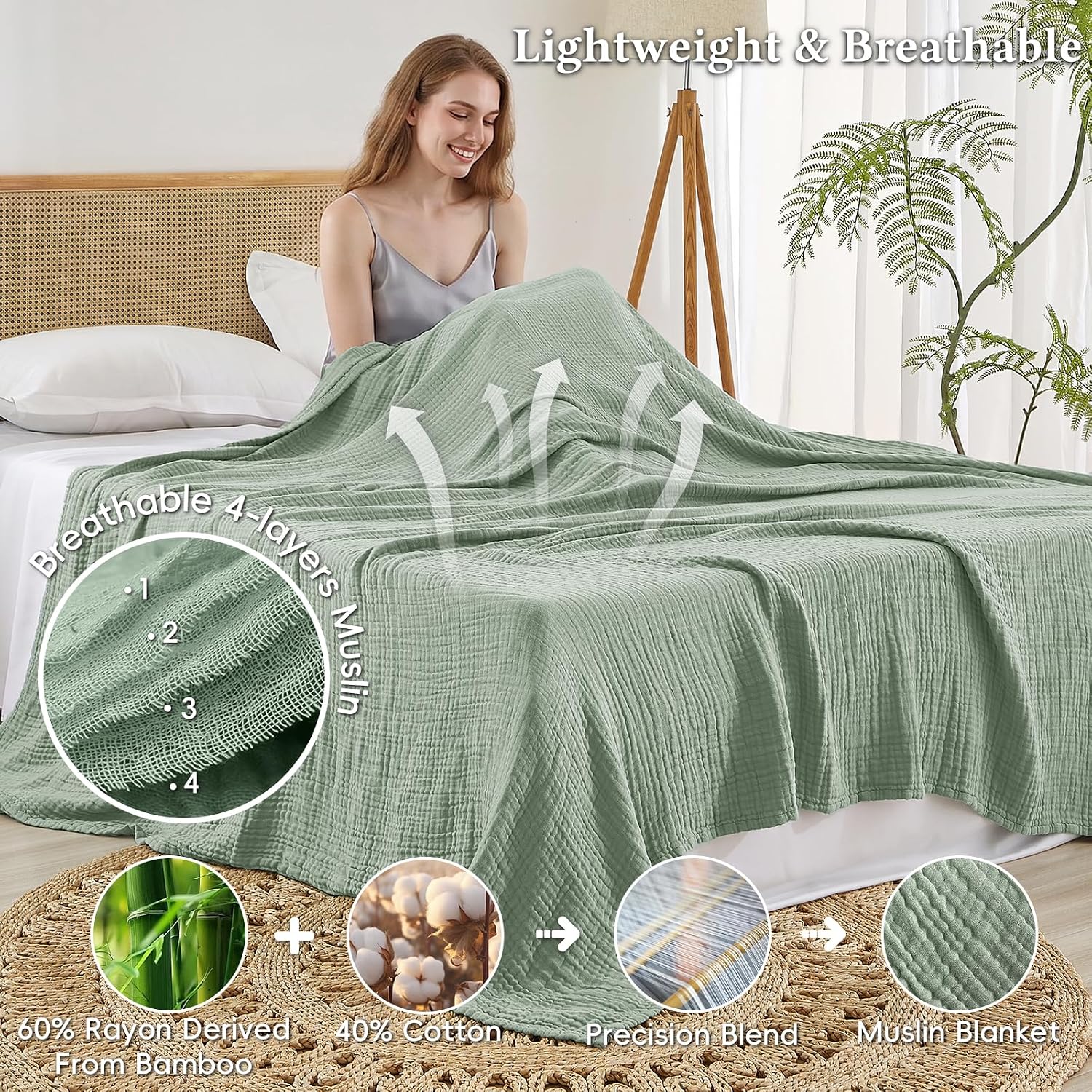 David's Home Cotton Muslin Throw Blanket, Soft Cooling Summer, Sage Green image 3