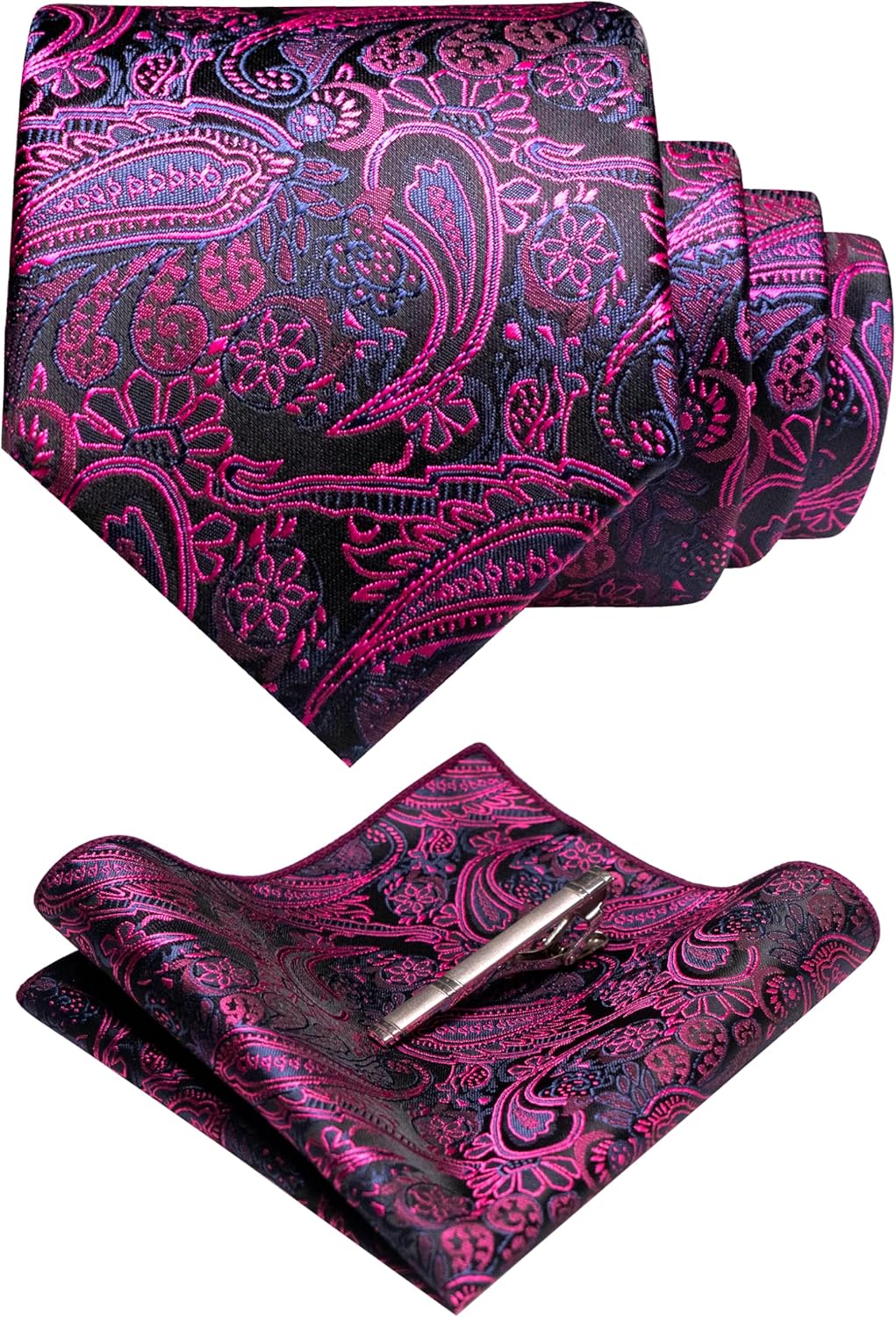 RBOCOTT Silk Stripe Plaid Tie and Pocket Square with Tie Clip Sets for Men Pink Paisley 18
