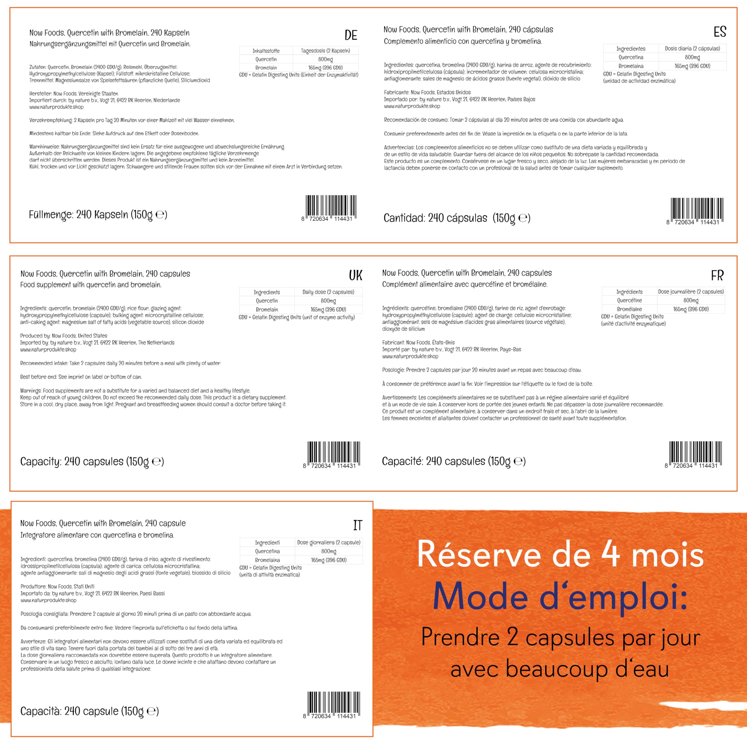 Now Foods, Quercétine avec Bromélaïne, Hautement Dosé, 240 Capsules végétaliennes, Testé en Laboratoire, Sans Soja, Sans Gluten, Végétarien, Sans OGM