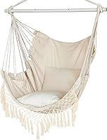 YAERSI Hammock Chair Hanging Rope Swing with 2 Cushions, Side Pocket & 330lbs Metal Bar - Indoor Outdoor Comfort