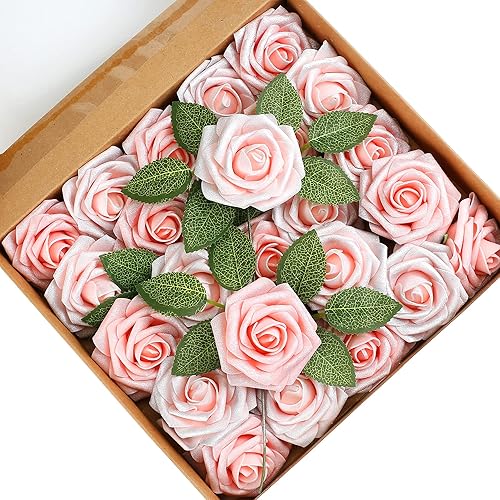 Flores artificiales, 25 rosas falsas de espuma de aspecto real con tallos para ramos de boda, centros de mesa de despedida de soltera, arreglos de