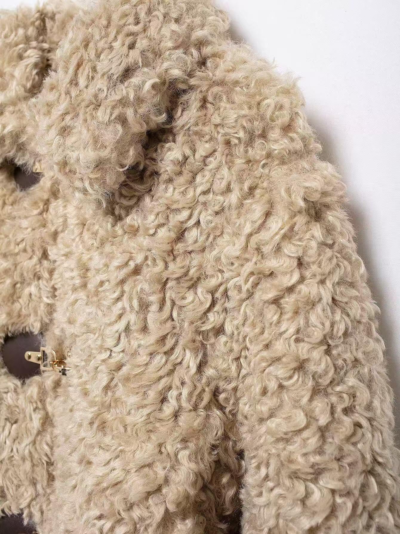 Women's Fall Fleece Jacket Collared Toggle Closure Long Sleeve Oversized Short Coat Fluffy Outerwear — view 2