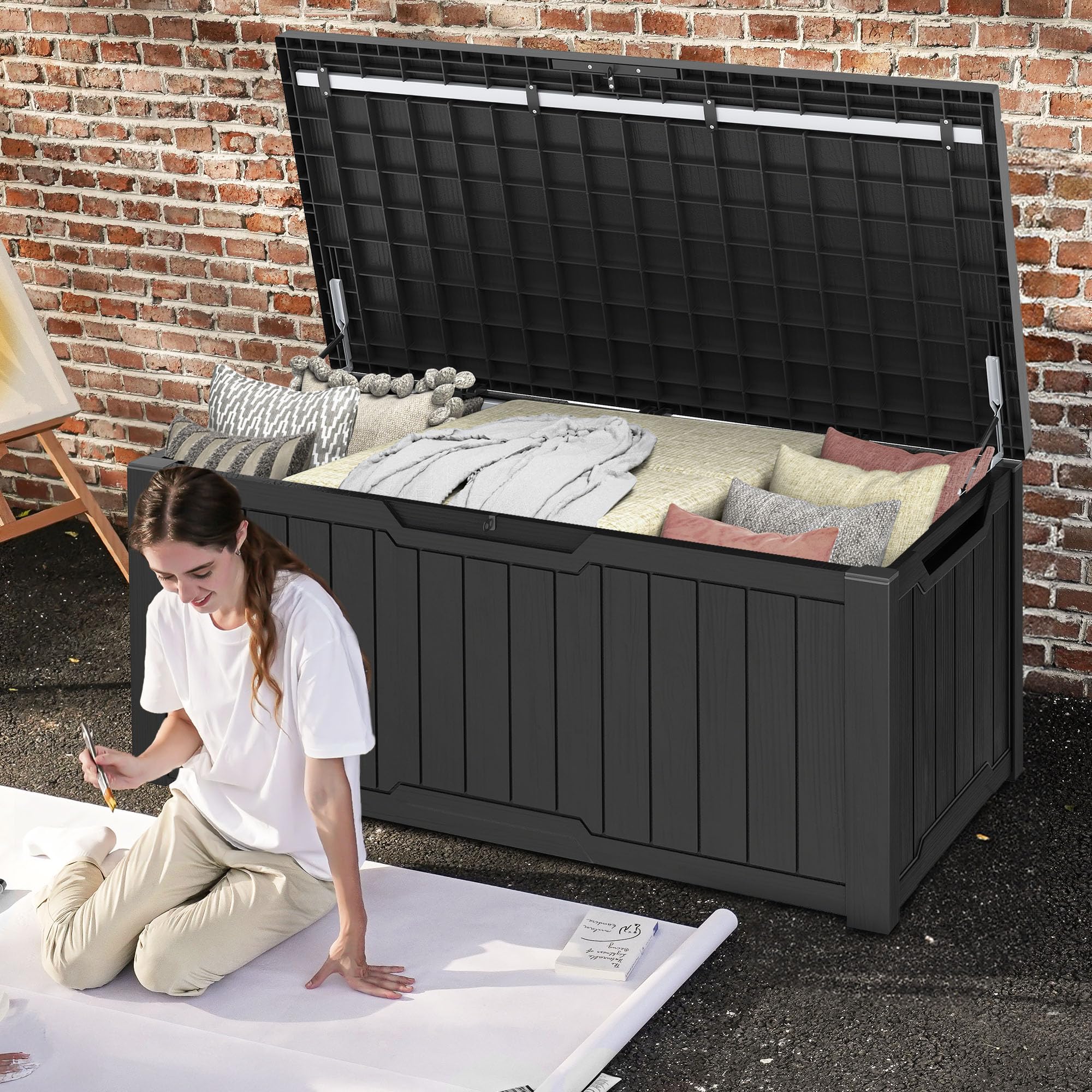 DWVO Auflagenbox Aufbewahrungsbox Garten Kissenbox Gartenbox Outdoor Gartentruhe |Wasserdicht Gasdruckfeder|Für Sitzauflagen Gartengeräte & Kinderspielzeug|450 Liter 142.1x67.7x60cm|Schwarz