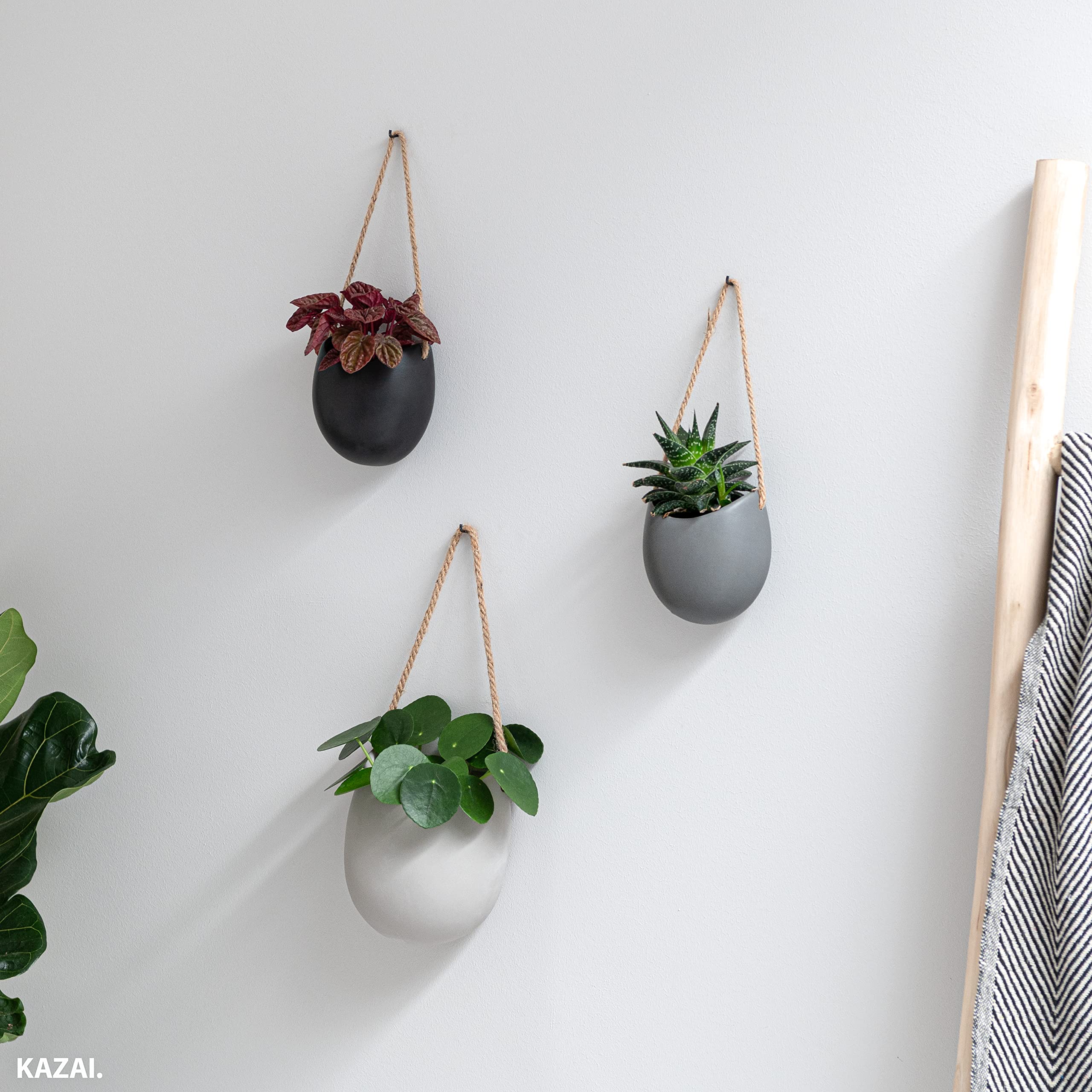 Kazai. Macetas de Pared -Ellie- | Macetas Colgantes De Cerámica | 3 Piezas | Decoración de Pared para Interiores, Balcones y Jardines | Gris (Mate)