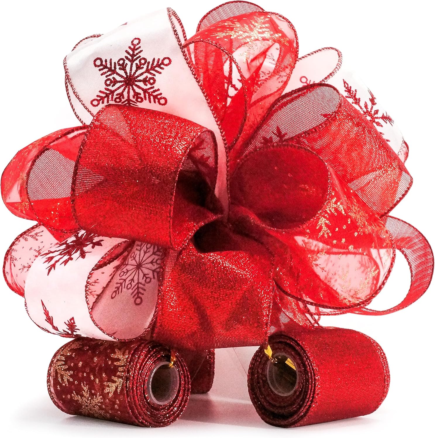 Christmas Tree Topper Bow - Bow: 11" sq. - Tails: 3 Yards Long Each - Red Snowflake